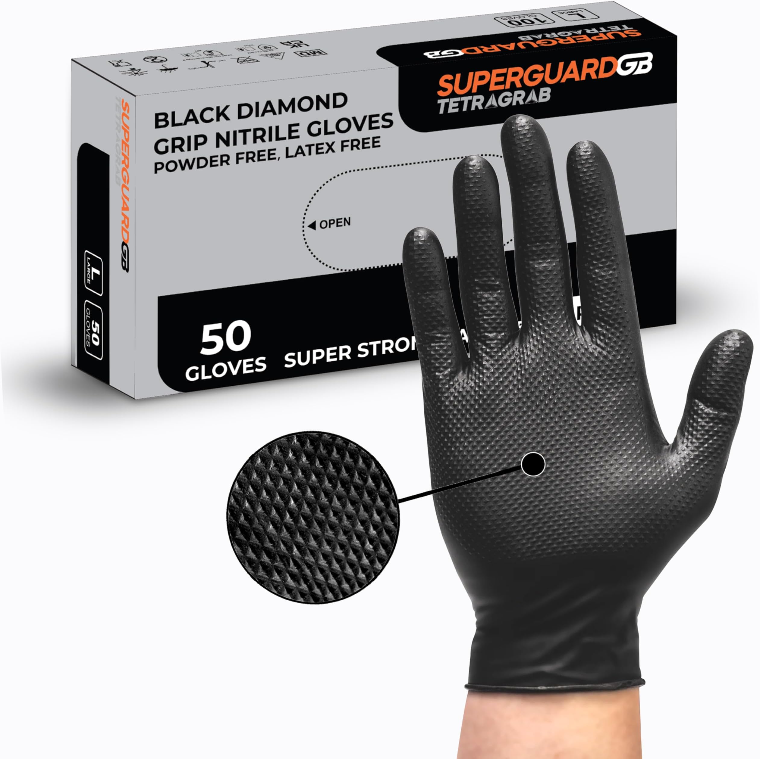 Superguard Diamond Tetragrab Nitrile Gloves - Disposable Gloves for Food Handling, Medical, Tattoo & Cleaning - Heavy Duty Black Gloves with Latex and Powder Free, Single Use - Size M (Pack of 50)