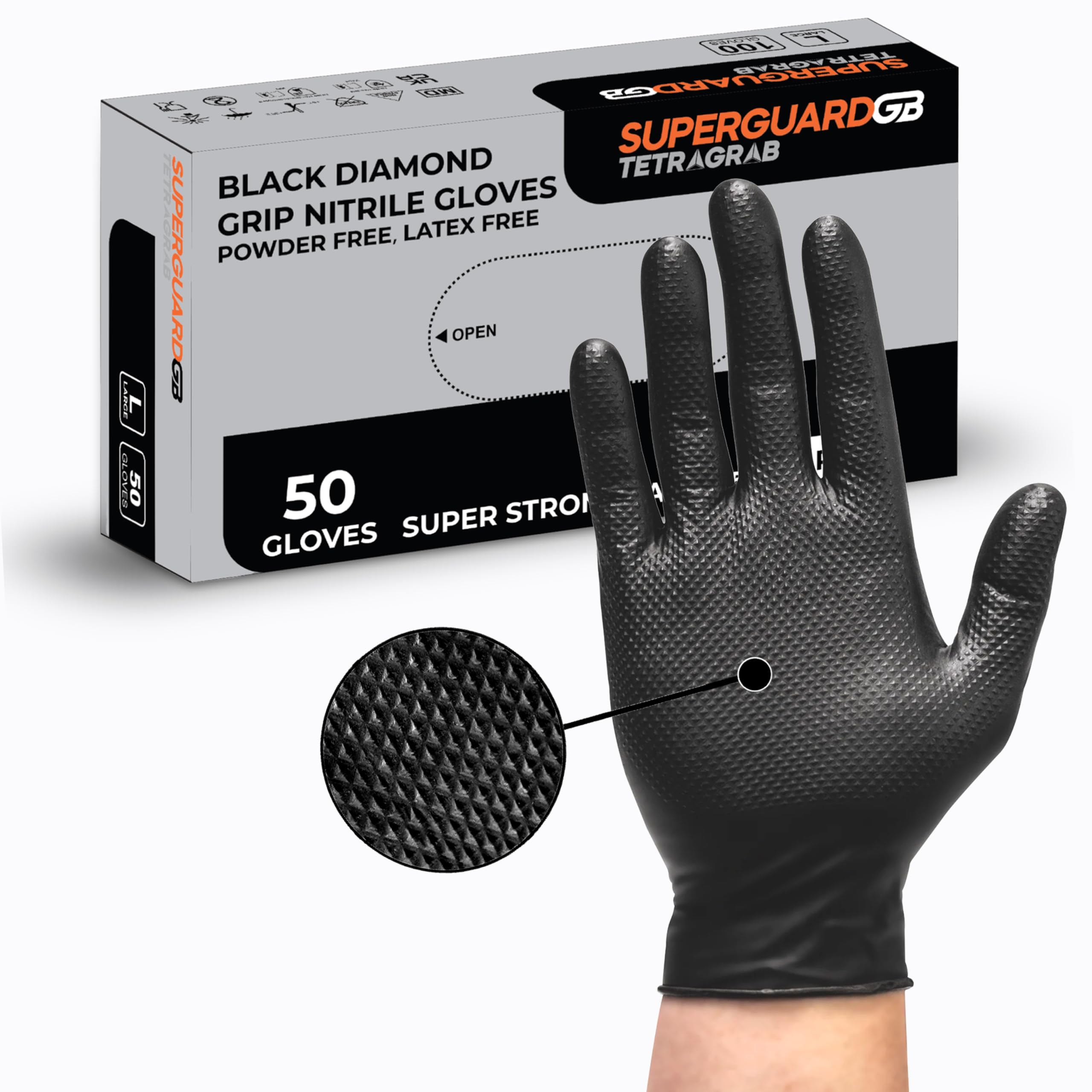Superguard Diamond Tetragrab Nitrile Gloves - Disposable Gloves for Food Handling, Medical, Tattoo & Cleaning - Heavy Duty Black Gloves with Latex and Powder Free, Single Use - Size M (Pack of 50)