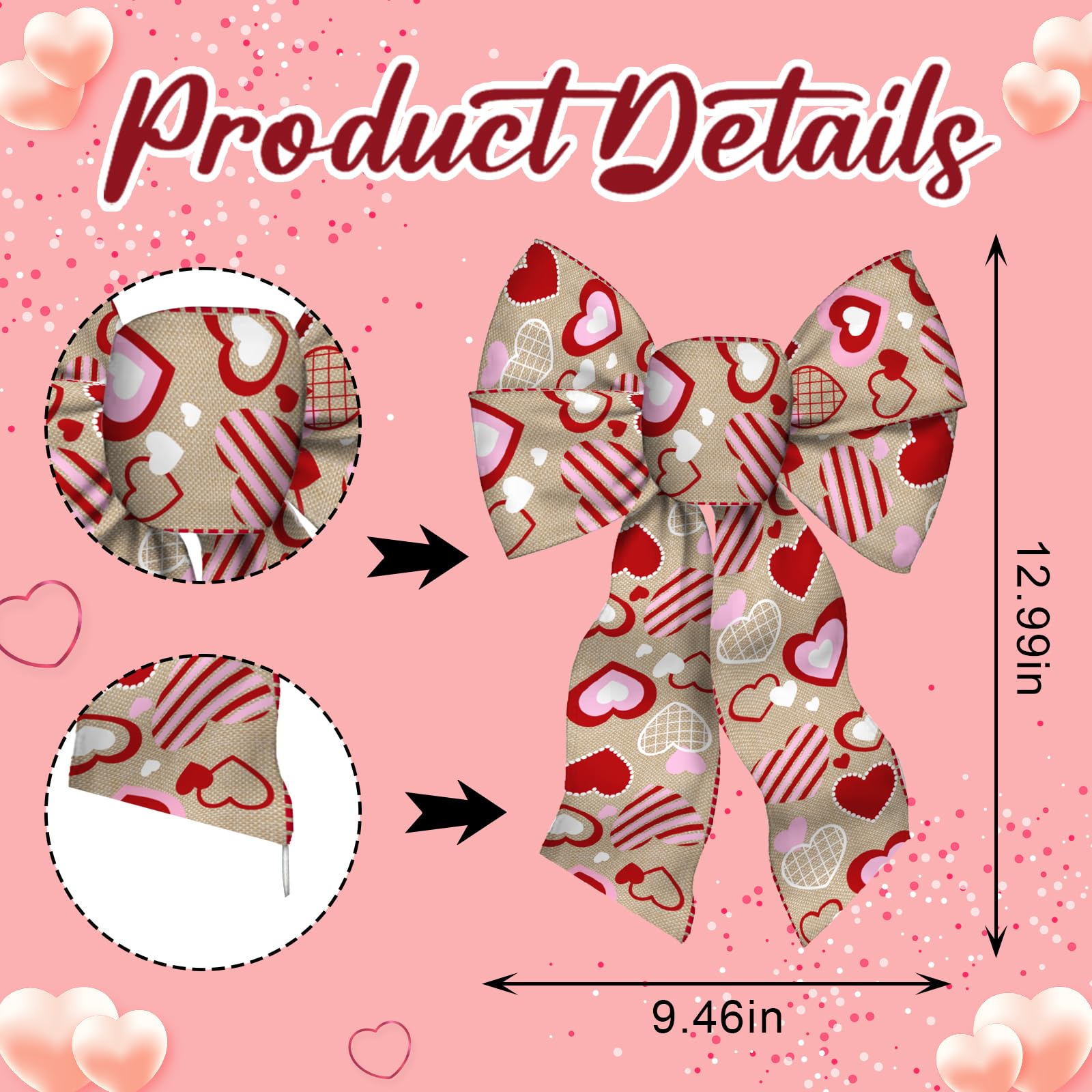 2 PCS Valentine's Day Wreath Bows Valentines Brown Red Pink Love Hearts Burlap Fabric Bows for Wreath Valentines Decor Ribbon Bows for Valentine's Day Party Wedding Indoor Outdoor Decoration Supplies