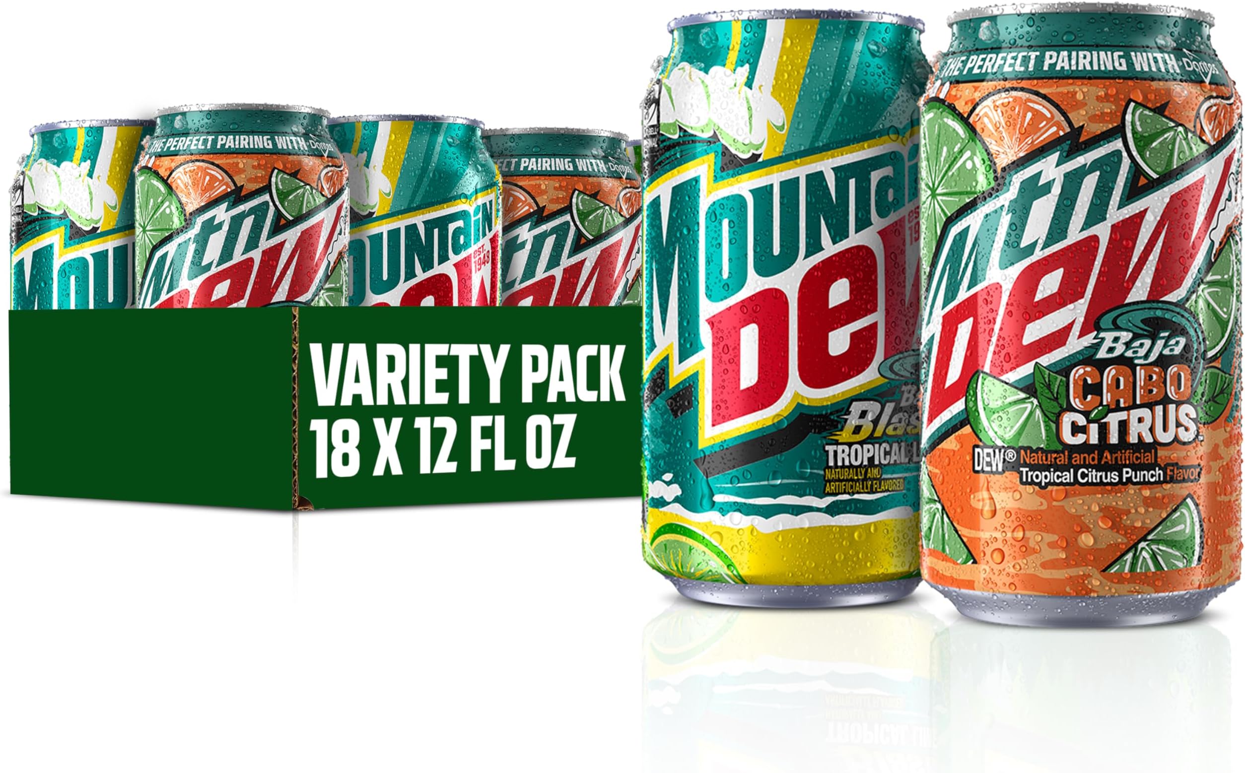 Mountain Dew, 2 Flavor Baja Variety Pack (Baja Cabo Citrus, Baja Blast), 12 Fl Oz Cans (Pack of 18)