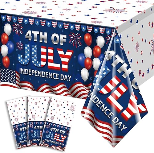 Tixiquns 3 Pack 4th of July Tablecloth,54x128inch Fourth of July Disposable Plastic Table Cloth Square for Independence Day Picnic Party,Waterproof
