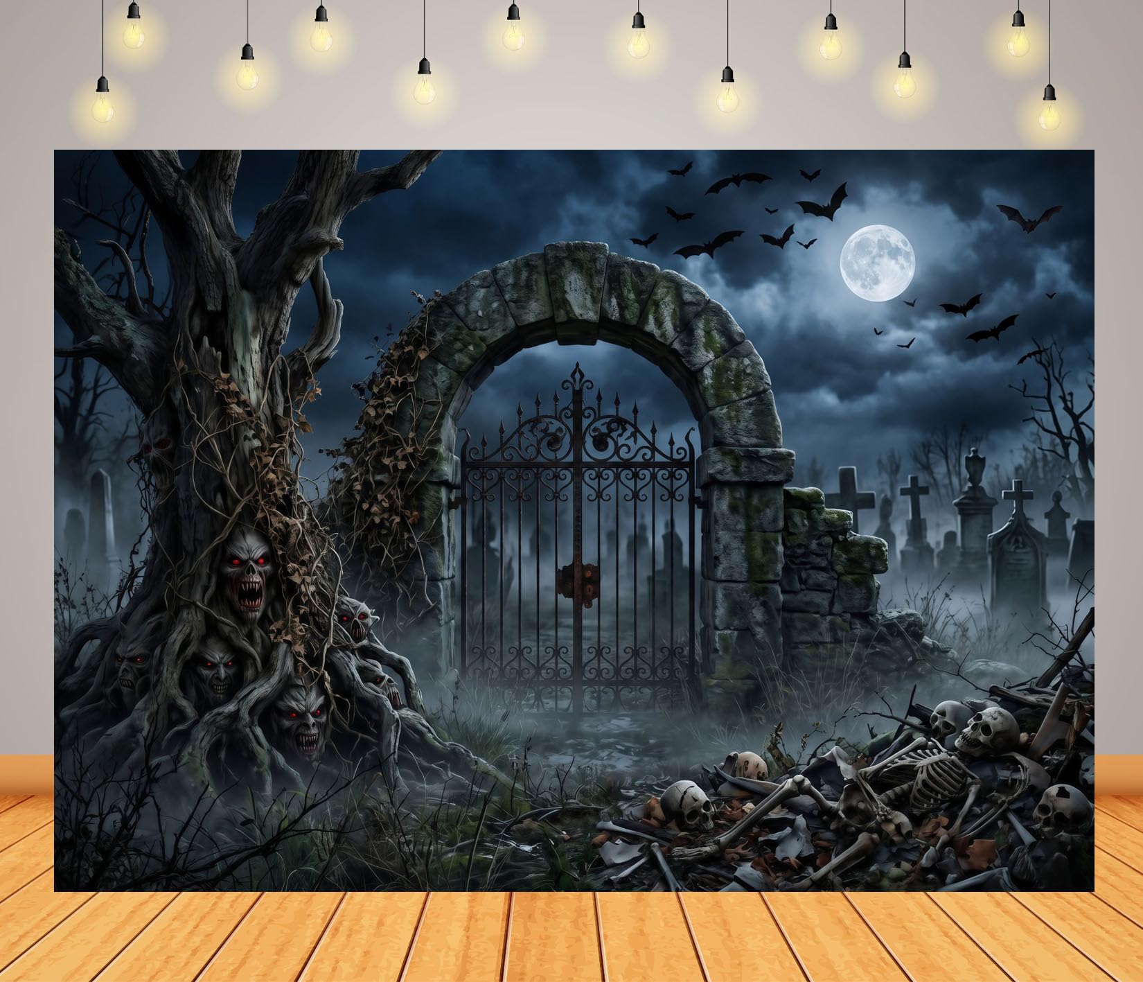 BELECO 3.6x2.5m Tessuto Sfondo Halloween Arco Pietra Spaventoso Cimitero | Albero Demonio Spaventoso Scheletro Teschio Lapide Luna Piena Pipistrello Cimitero Nebbioso Sfondo Telo Di Sfondo