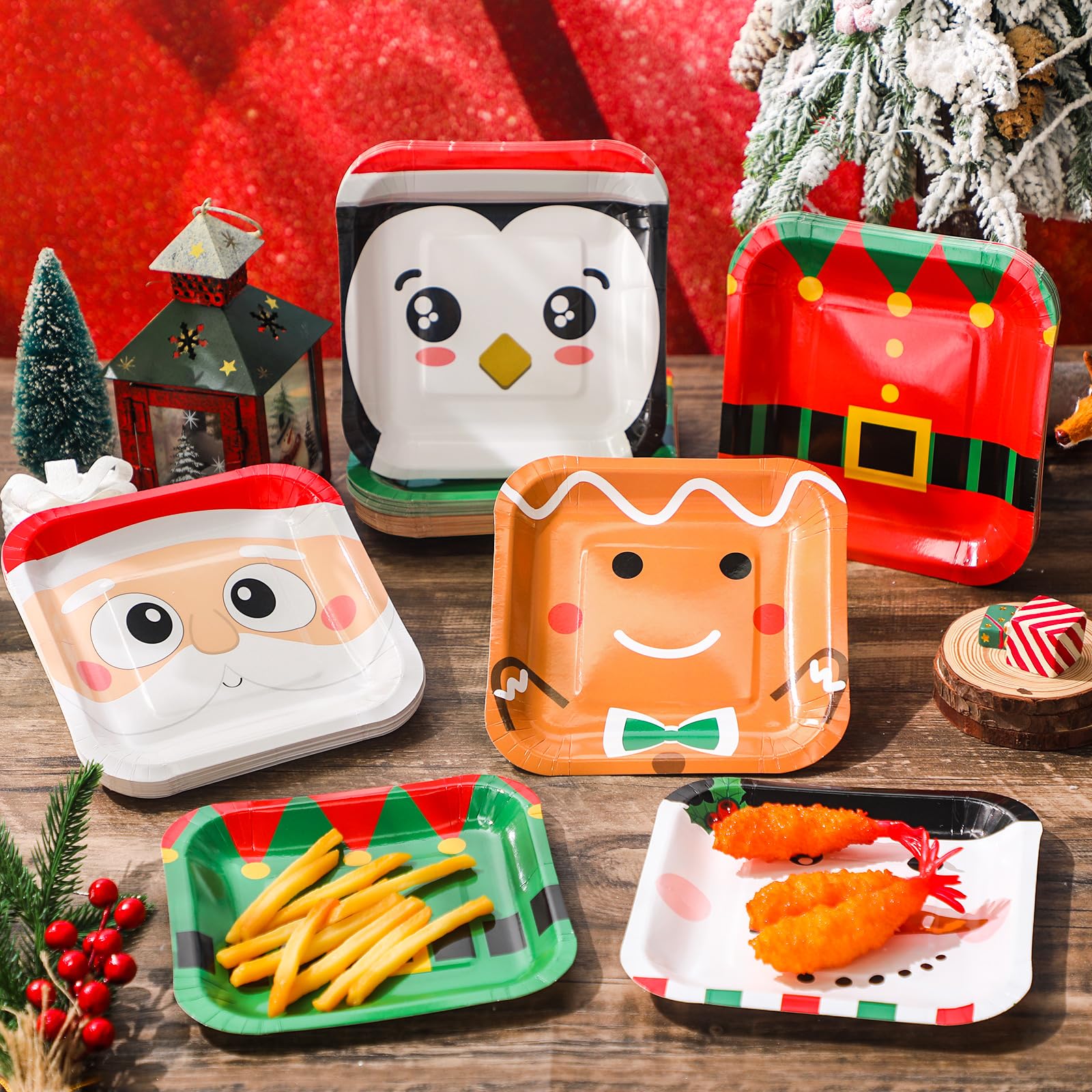 Mimorou Lot de 60 assiettes carrées jetables en carton de Noël de 17,8 cm, motif Père Noël, bonhomme de neige, 6 styles