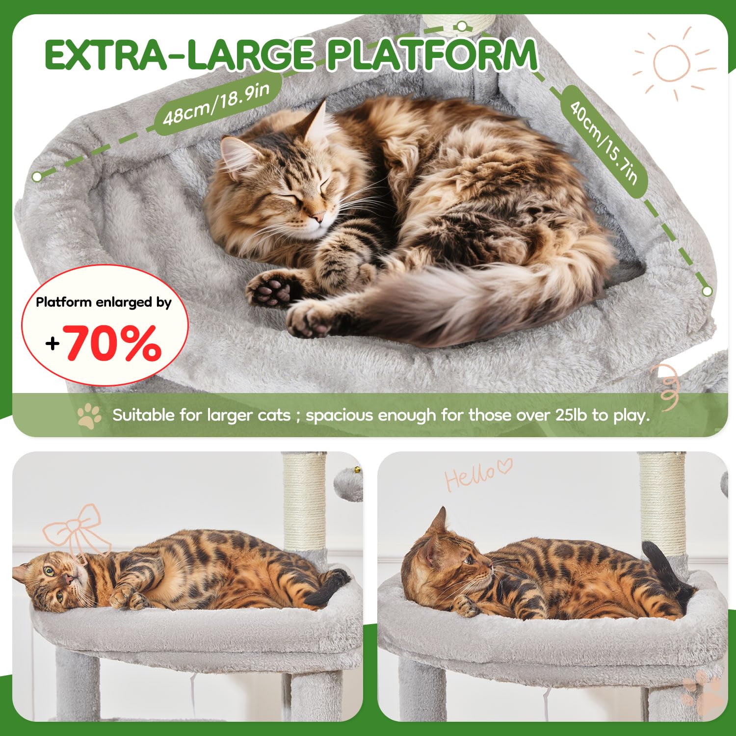 Taoqimiao Tiragraffi per Gatti, 168cm Stabile Tiragraffi per Gatti Adulti xxl con Accogliente Grotte, Amaca, Piattaforma extra Large, cestino Sospeso, 4 Pali Graffiatoi, Grigio Chiaro MS042W