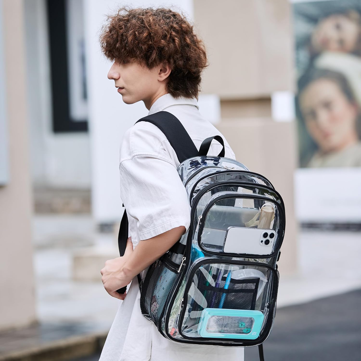 abshoo Large Heavy Duty Clear Backpack For School Bookbag Transparent Multi Pocket Backpacks (Black)