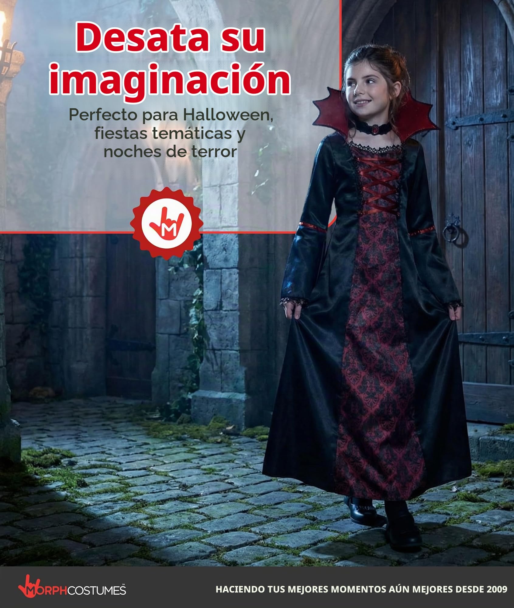 Morph Disfraz Vampiresa Niña, Disfraz Halloween Niña | Vestido Negro y Rojo con Cuello Alto & Collar, Encaje Gótico, Perfecto para Halloween, Ideal para Juegos de Rol