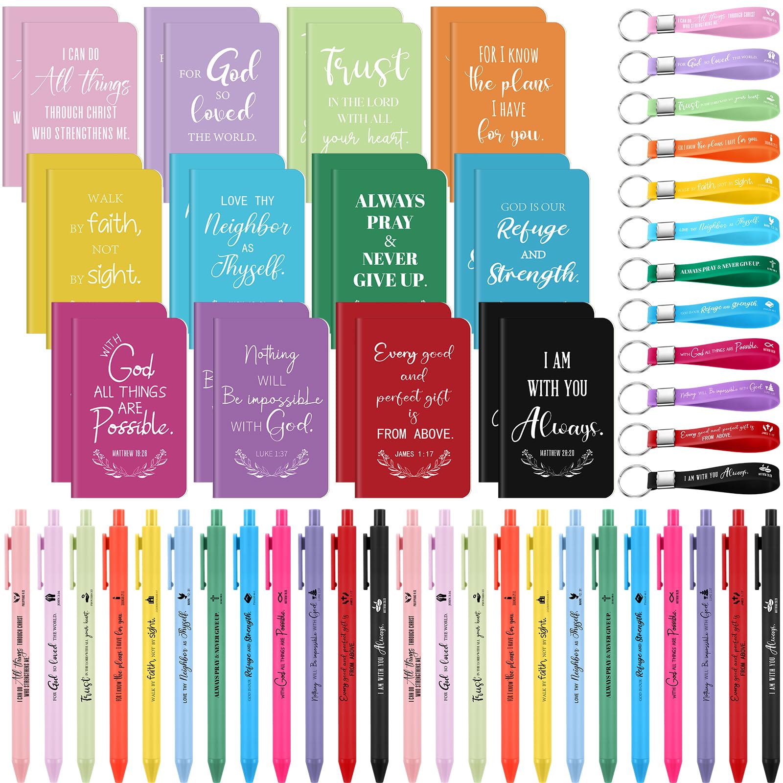 Sayglossy 72 Pcs Christian Bible Gifts Set for Women Bulk Religious Gifts Scripture Ballpoint Pens Notebooks Quote Inspirational Verse Keychain for