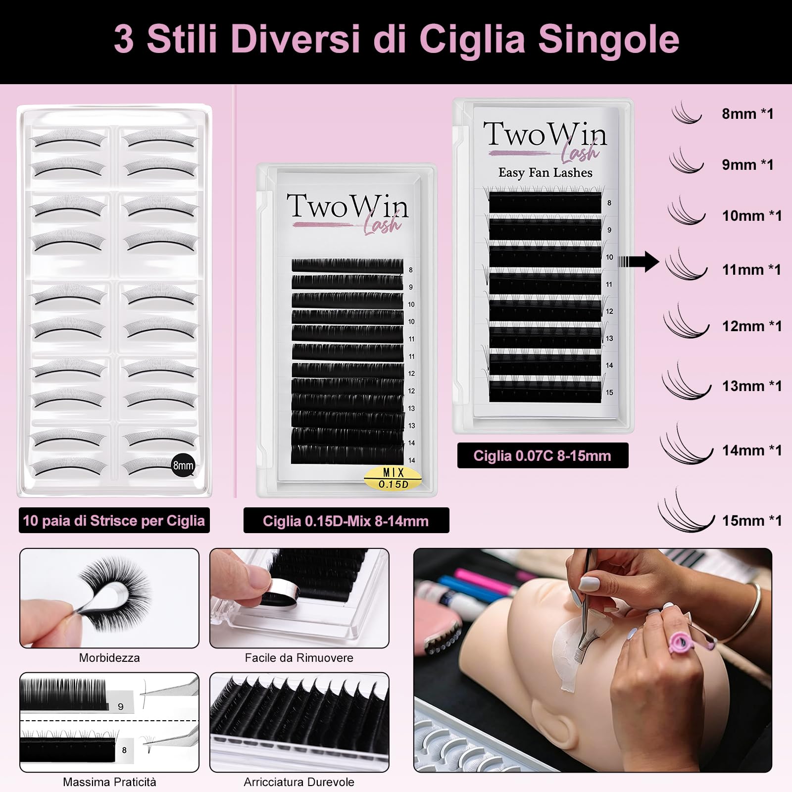 TwoWin Kit per Extension di Ciglia, Testa di Manichino Professionale | per Formazione e Pratica di Extension di Ciglia per Principianti, Forniture per Estetiste e Cosmetologia