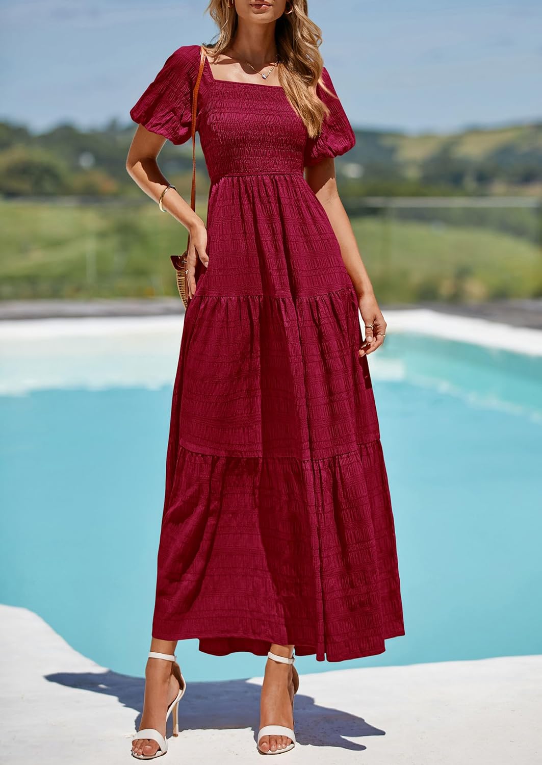 PRETTYGARDEN Womens Summer Puff Short Sleeve Maxi Dress Square Neck Smocked Tiered Ruffle A Line Long Flowy Beach Dresses - Image 4