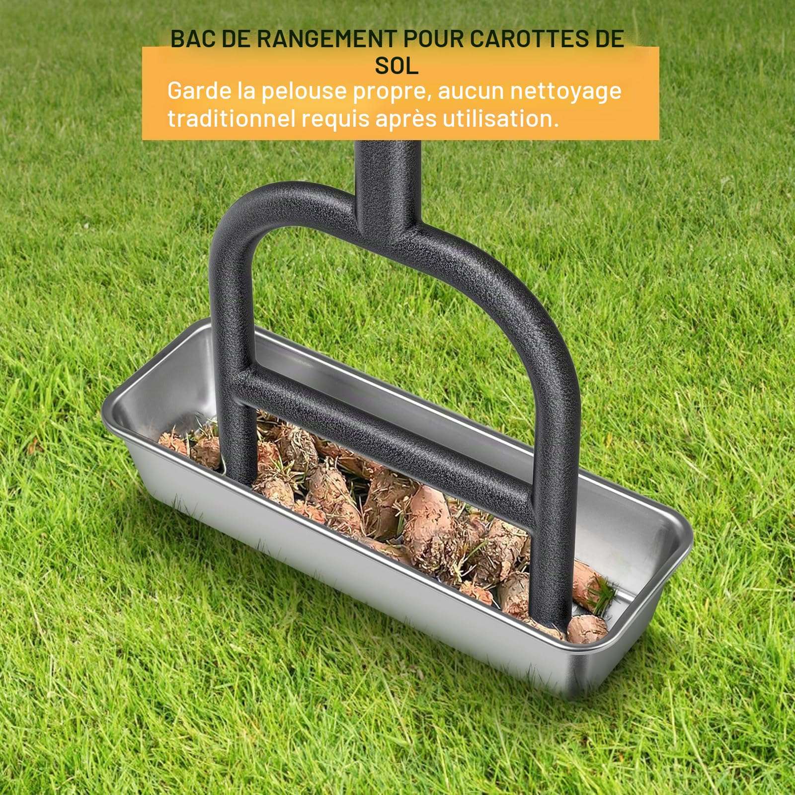 BeneLabel Aérateur de Gazon, Core de Pelouse Manuel Scarificateur Outil d'aération du Sol en Acier Inoxydable 4 Dents Creuse avec Plateau de Rangement pour Ameublir le Sol et Améliorer la Pelouse,93cm