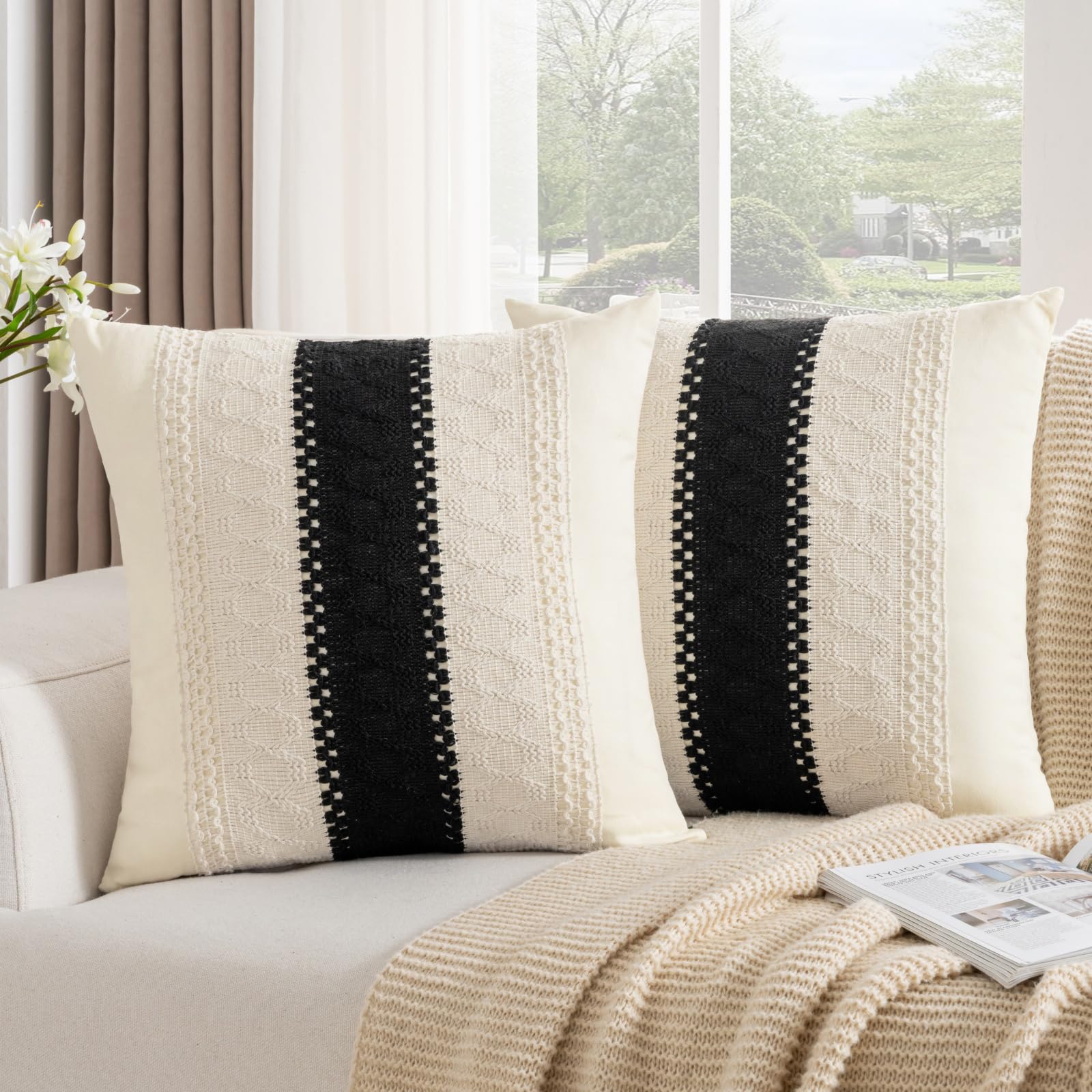 Sofa Cushion Covers 50 x 50 cm Bohemian Cotton Black Decorative Square Pillow Cases Covers Covers Modern Farmhouse Woven Textured Pillow Cases for Sofa Bedroom Home Set of 2 โ image 1