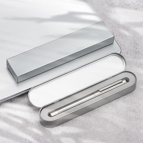 Miniatura 6 de Hongdian 1861 - Pluma estilográfica, punta de hoja larga, diseño de acero inoxidable plateado con convertidor y estuche de metal