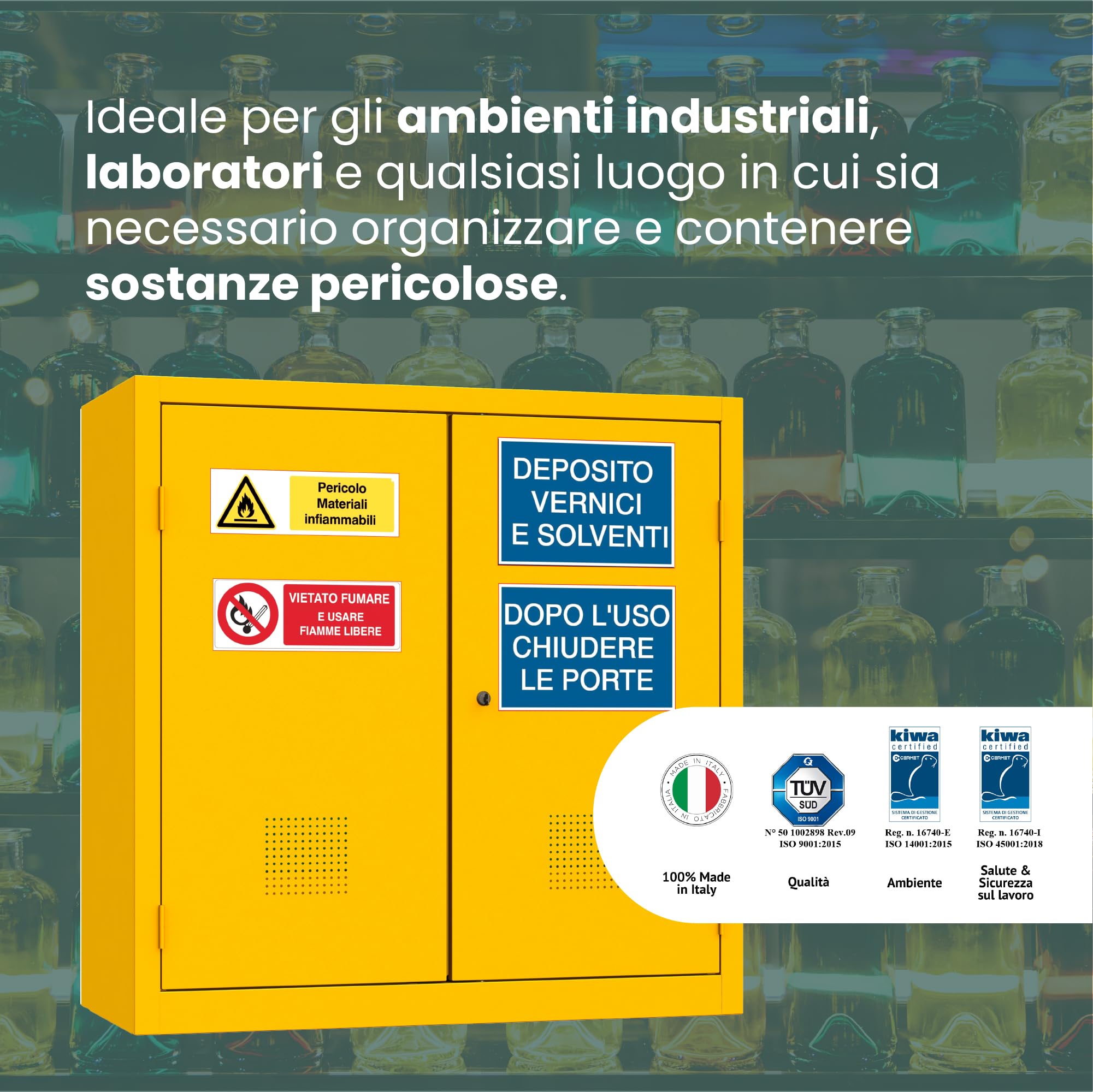 XLOCKERS Armadio Deposito Liquidi Infiammabili in Metallo per Stoccaggio e Protezione di Sostanze Pericolose, 3 Ripiani, Giallo RAL 1003, 100x45x100 cm, Made in Italy