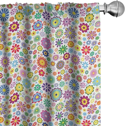 Miniatura 44 de Ambesonne Cortinas retro para ventana, diseño hipster alegre, cámaras de fotos analógicas antiguas, equipo de película estilo garabato, decoración