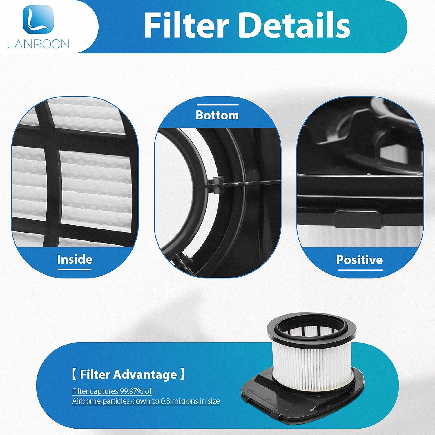 Close-up view of the post-motor filter, highlighting its internal structure, bottom, and positive fit features, emphasizing H13 efficiency.