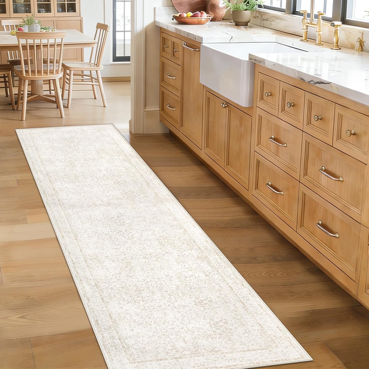 2x8 Hallway Runner Rug: Washable Vintage Floral Entryway Rugs Low Pile Non-Slip Boho Carpet for Kitchen, Bedroom, Bathroom, Dining Room (FloralBeige, 2'x8')