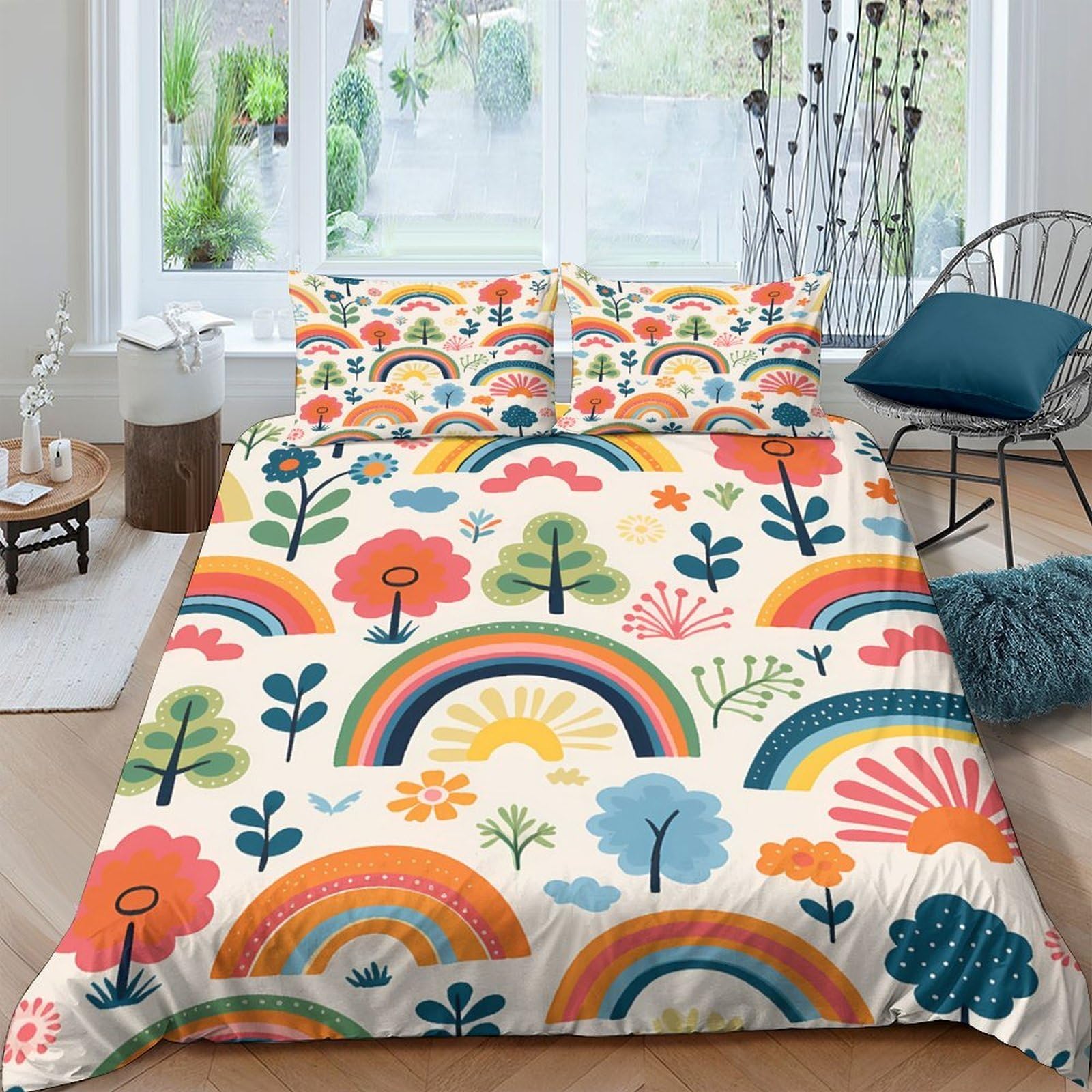 Ctjqhvkz Style-3 3D Printed Rainbow Meadow Fitted Sheet Microfiber Soft Breathable Forest Garden Mattress Cover For Bedroom Guest Room Decor Single（135X200cm）