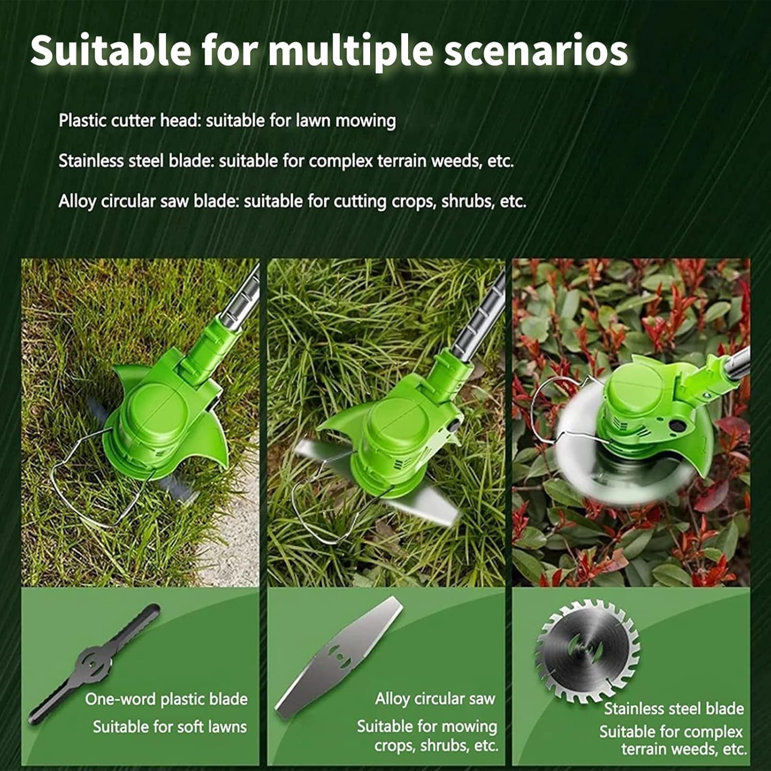 Decespugliatore elettrico da giardino, 21 V, senza fili, portatile, con 2 batterie e 3 tipi di lame, per cortile e giardino