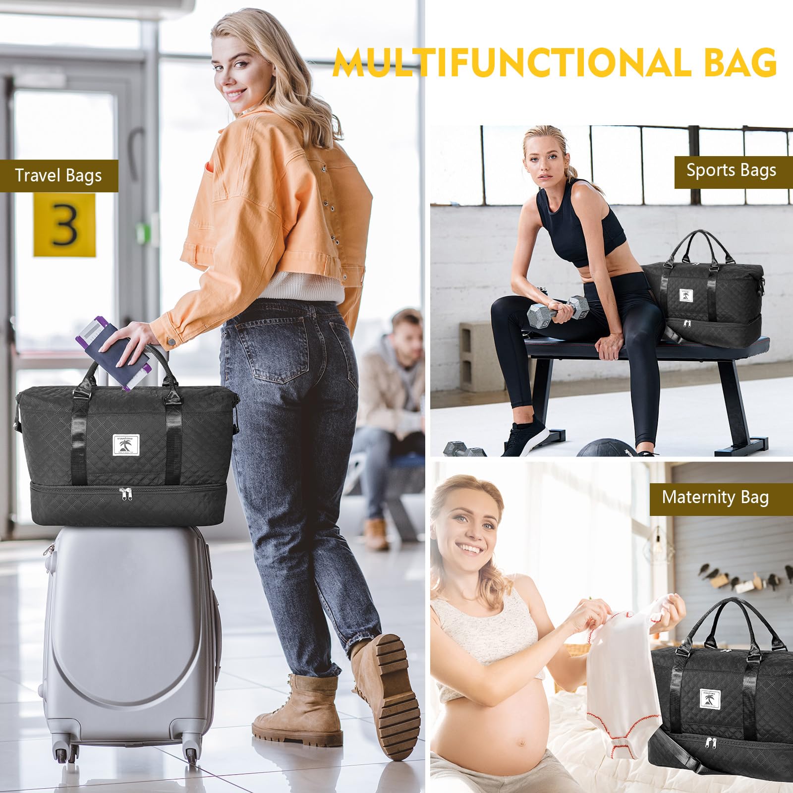 AiQInu Borsone da Viaggio 42L,Borsa da Palestra con Scomparto per Le Scarpe,57X32X23CM, Impermeabile Borsa per il Bagaglio Dell'aereo, Borsa per Ospedale,Borsa da Weekend per Uomini e Donne