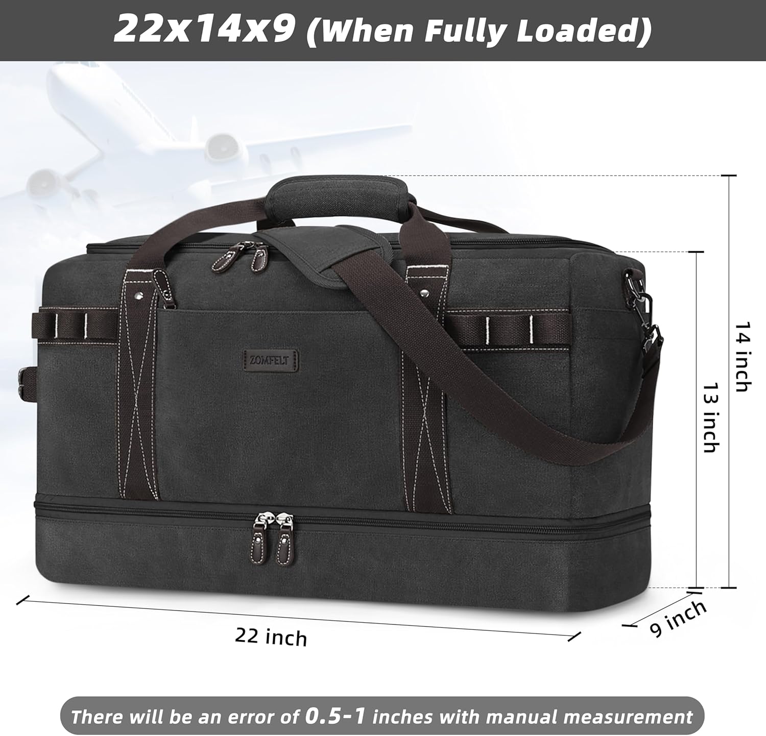 ZOMFELT Travel Duffle Bag for Men, 45L Carry On Luggage 22x14x9 Airline Approved, Waterproof Canvas Overnight Duffel Bag with Removable Dividers, Weekender Gym bag with Shoe Pocket (Washed Black) - Image 3