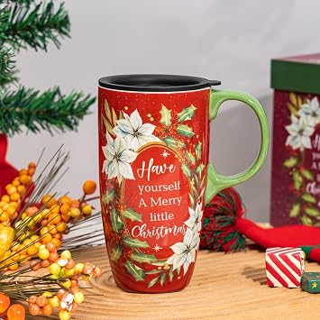 Topadorn 17oz Poinsettia Holly Ceramic Coffee Mug with Lid & Gift Box, Festive Red Porcelain Latte Tea Cup, Microwave & Dishwasher Safe for Gifting & Daily Use