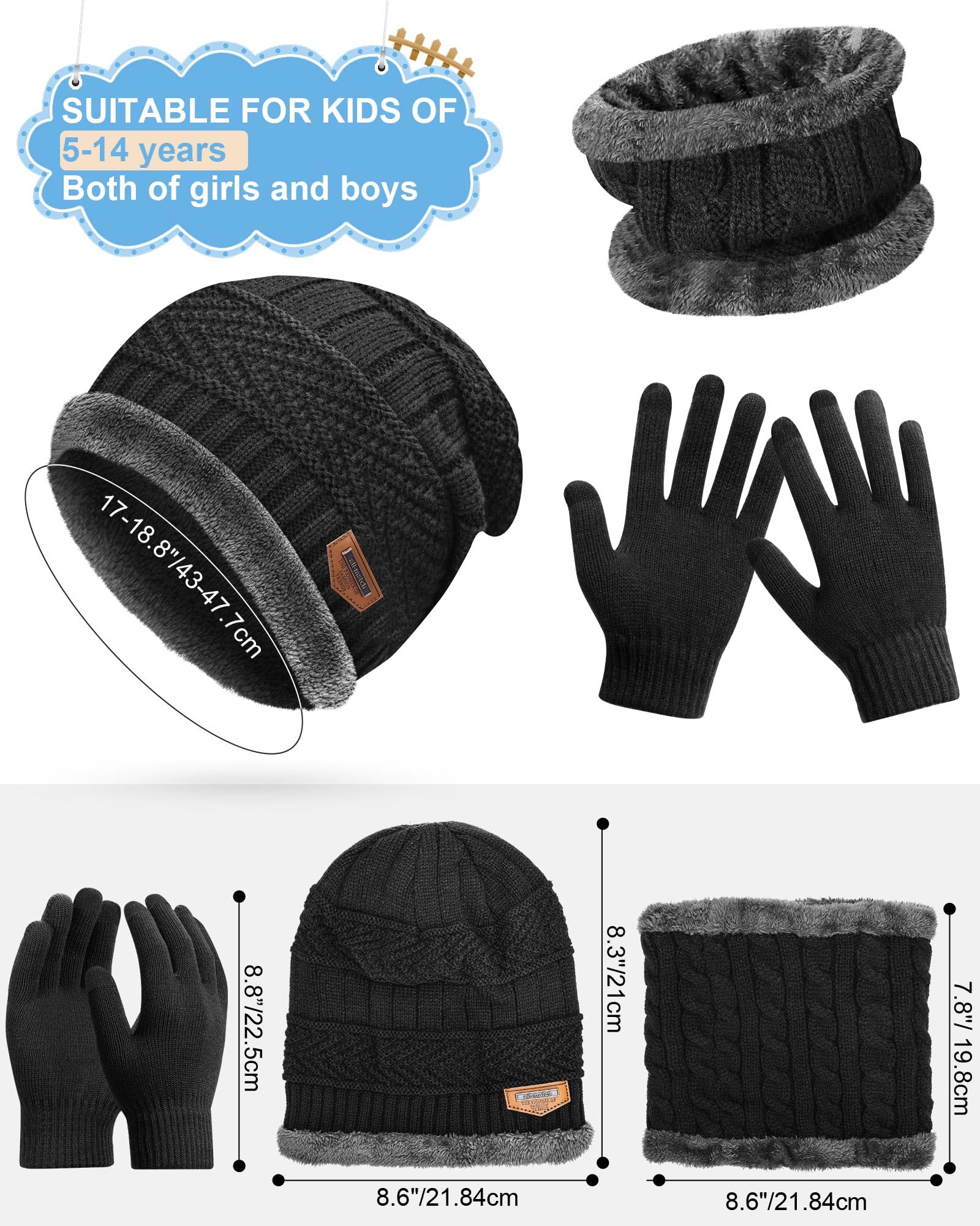 Liitrsh Wintermütze, Handschuh-Schal, Sets für Kinder, inkl. Strickmütze, Beanie, winddicht, Totenkopfkappe, Touchscreen-Handschuhe, Halswärmer, kaltes Wetter, Sets für Jungen, 5–14 Jahre, 4 Stück