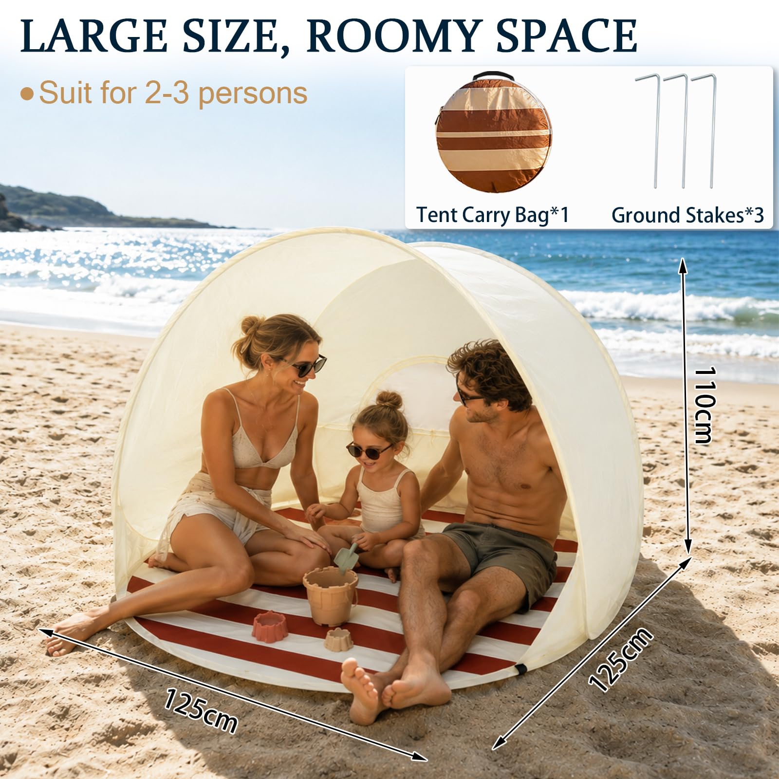 Tente de Plage Pop-up – Grande et Portable pour 2-3 Personnes, Montage Auto, Protection Solaire & étanche, Respirante, INCL. Sac et piquets – Plage, Camping, randonnées