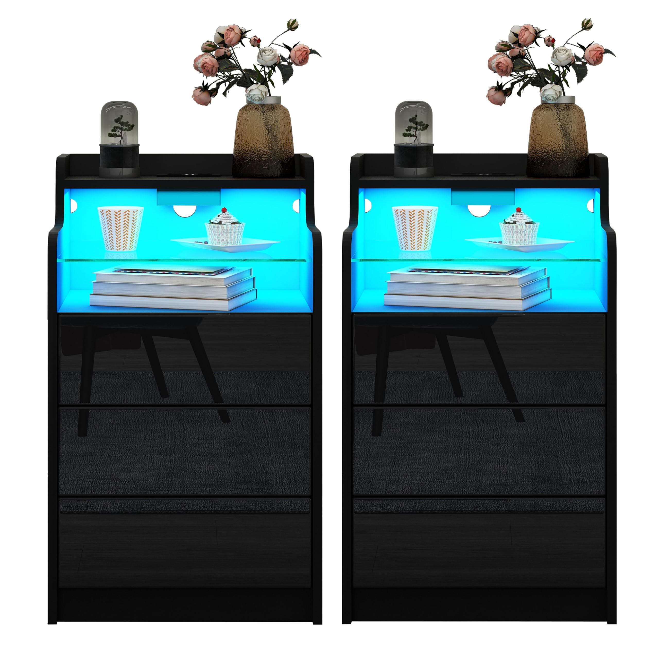 Senvoziii 2 Pack Black Bedside Table with Charging Station LED Light Nightstand High Gloss Bedside Cabinet Unit with 3 Drawers & Glass Shelve for Bedroom Living Room