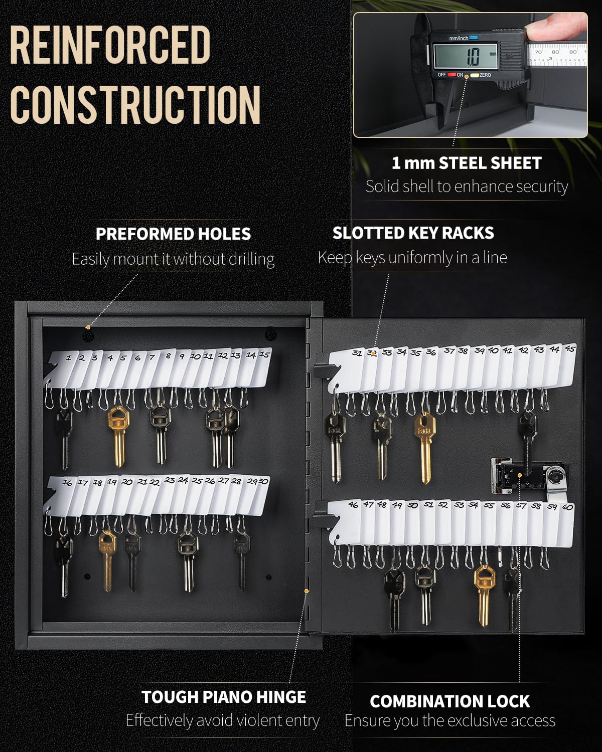 Uniclife Armoire à Clés à Fente 60 Clés avec Serrure à Combinaison à Code Réinitialisable Boîte à Clés Noire Murale avec Casiers à Fentes Étiquettes de Clés Blanches et Marqueur Permanent