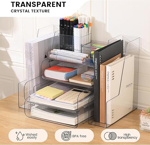 Miniatura 3 de Organizador de escritorio con 2 soportes verticales para archivos, bandeja de papel apilable de 4 niveles, organizador de archivos con 5