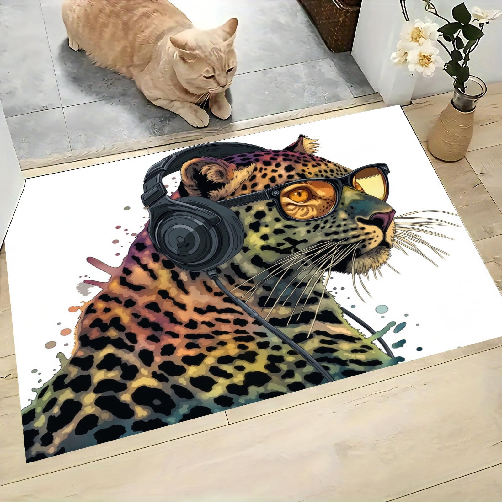 Street Style Headphones Cheetah Entryway Rug 3'X5', White Animal Graffiti Door Rug, Non-Slip Washable Rugs with Rubber Backing, Low Pile Fade Resistant Small Rugs for Kitchen Indoor Decor