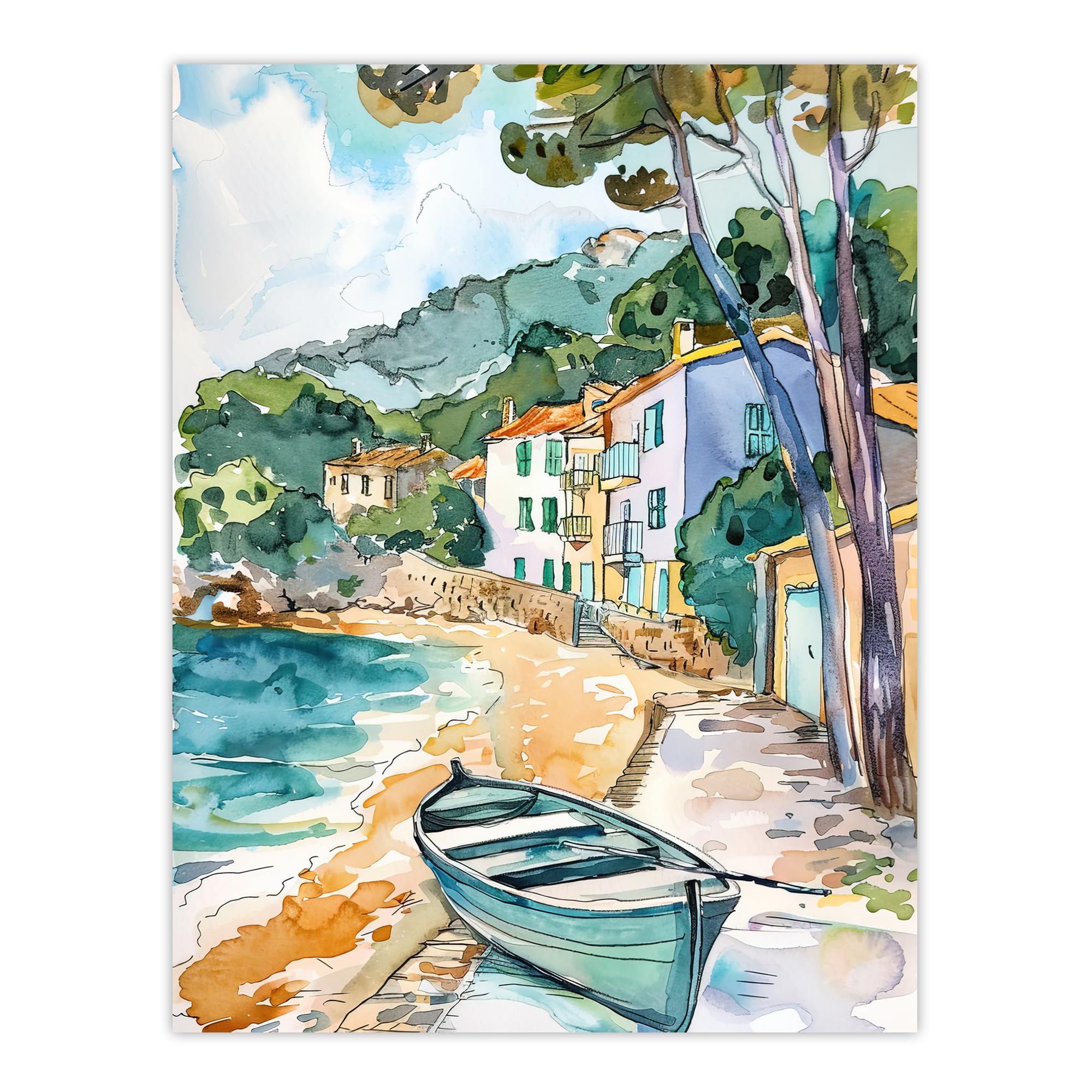 Artery8 Costa Brava Seaside Shore Boat Spain Watercolour Living Room Extra Large XL Wall Art Poster Print