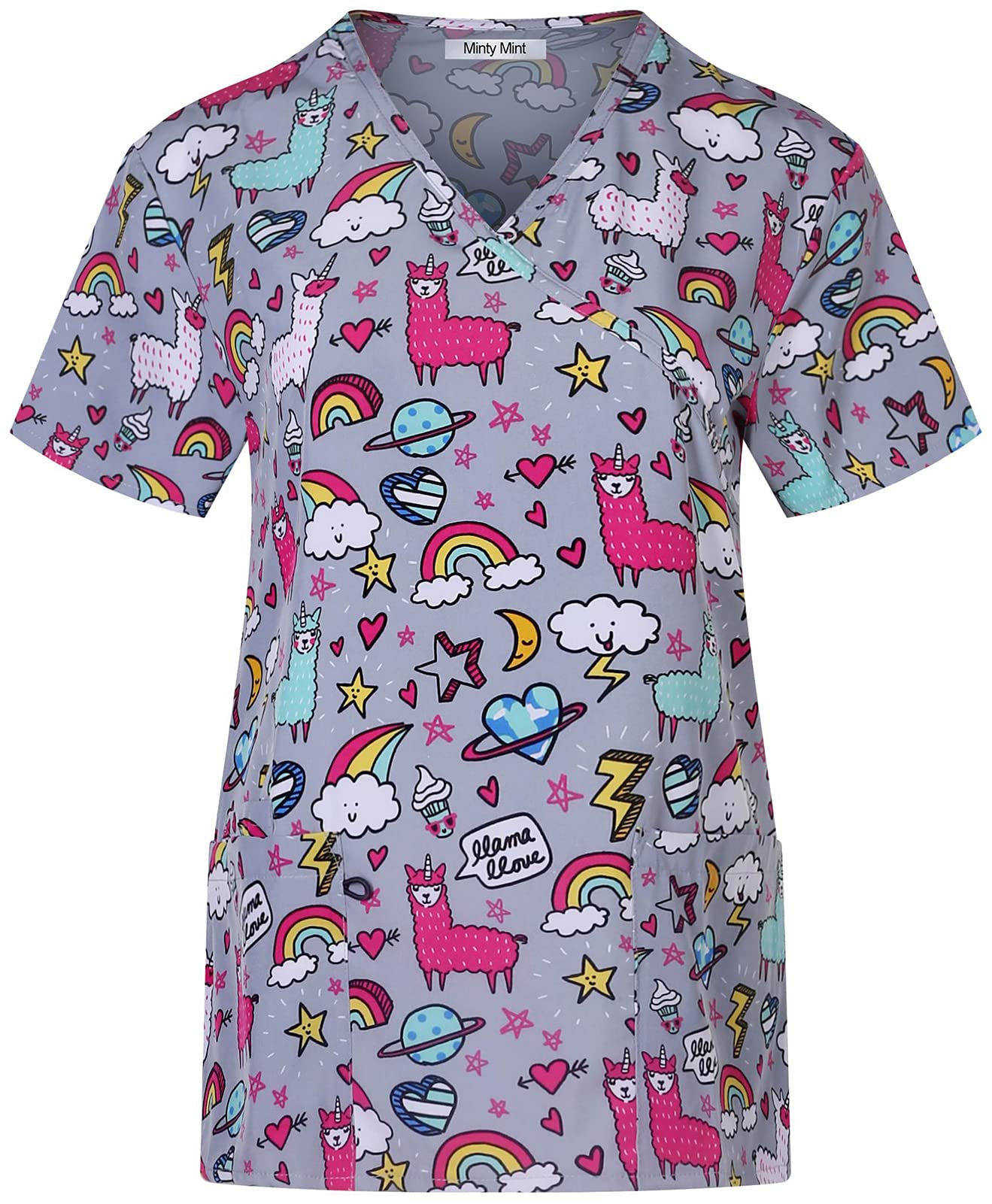 Minty Mint Women's Comfortable Easy Fit Lightweight Durable Stretch Printed V-Neck Medical Scrub Top Light 6cf52d Light Grey3 M