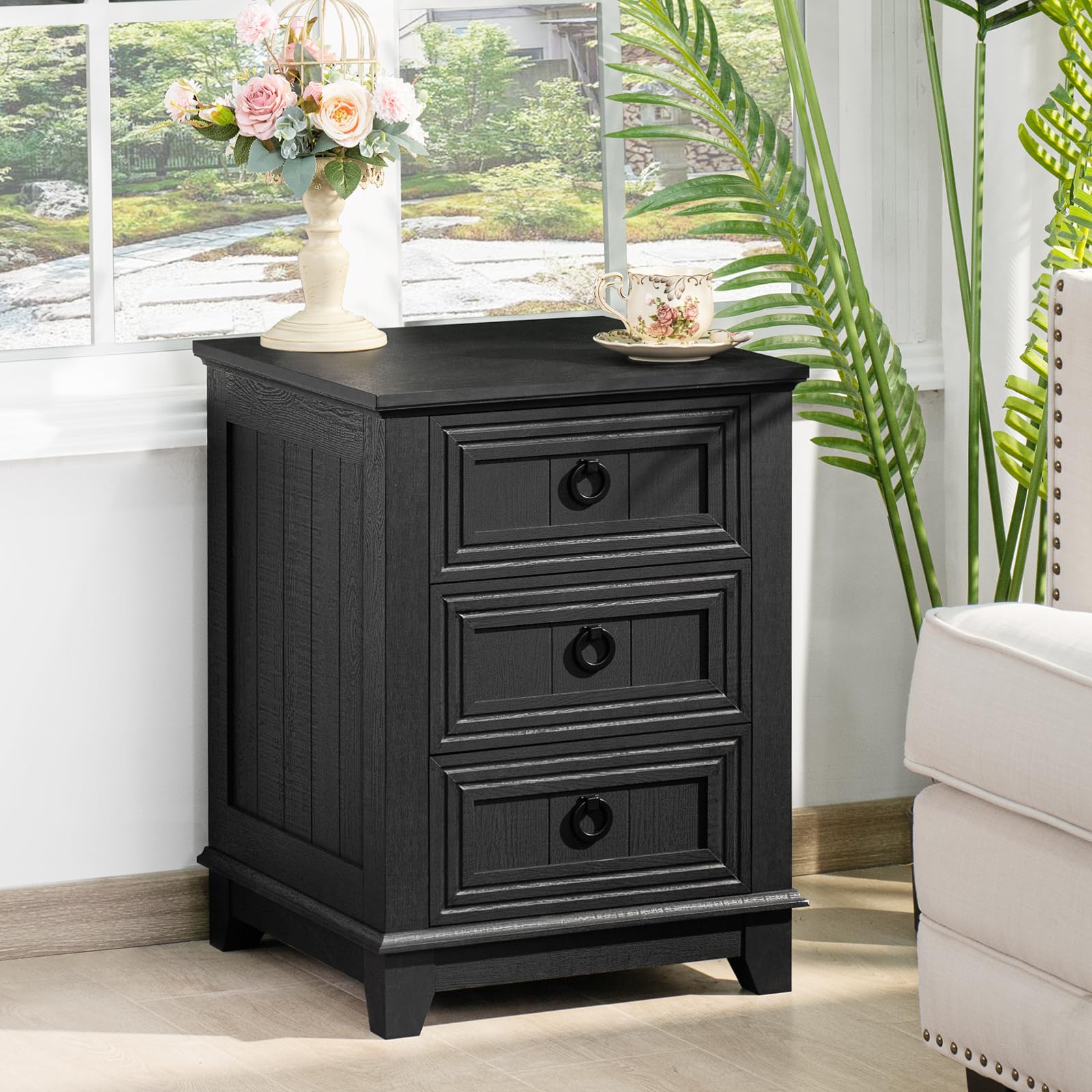LELELINKY Rustic Farmhouse Bedside Table,3 Drawers Wooden Side Table,Black