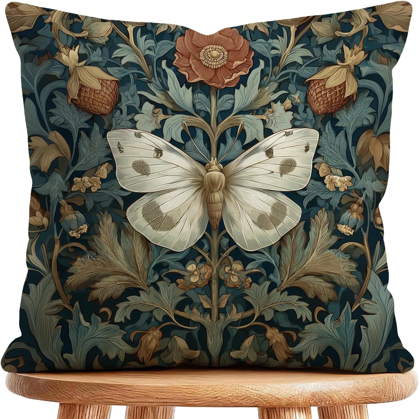 YOU FOUND ME William Morris Abstract Art Floral Design Throw Pillow Cover Home Decor, Vintage Butterfly Pillowcase Cover for Bed Sofa Living Room, Indoor and Outdoor(White-Butterfly, 18x18inch)