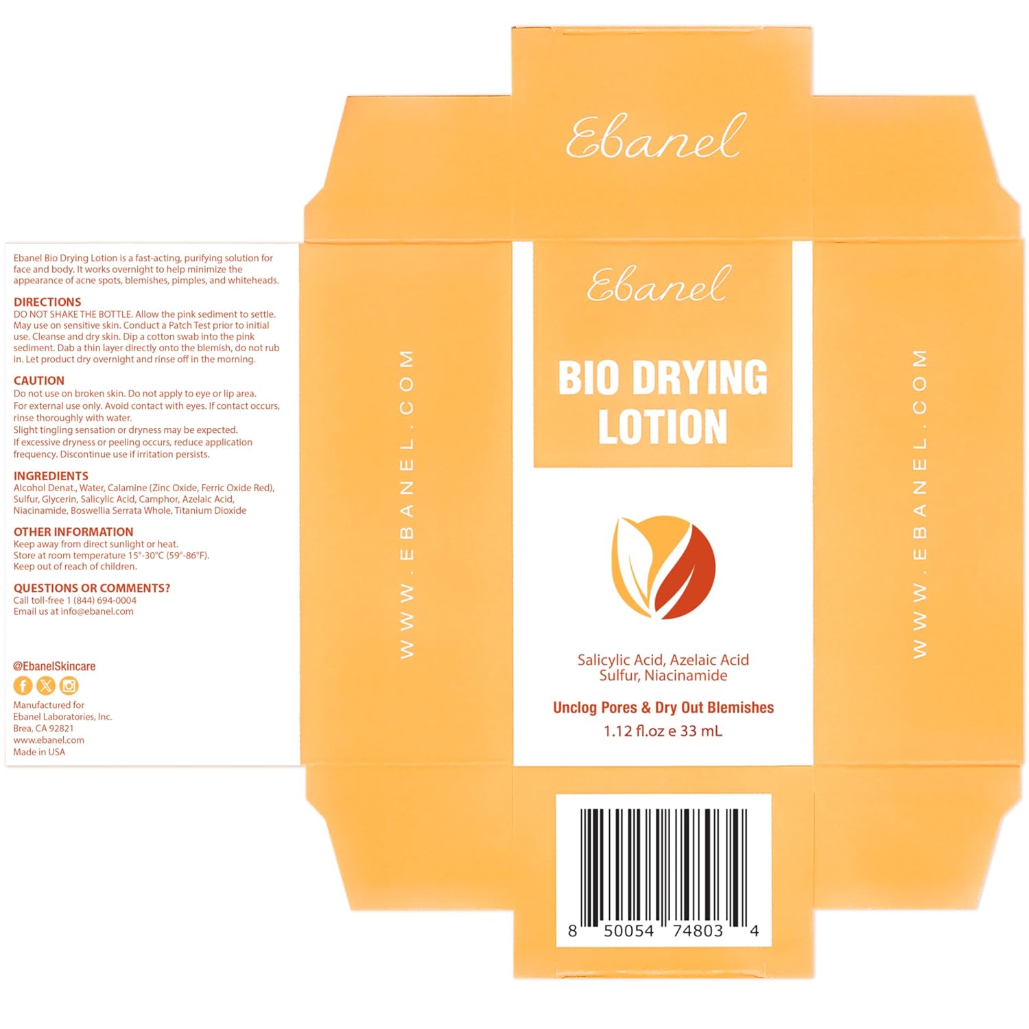 Ebanel Bio Drying Lotion Blemish Spot Solution for Face & Body with Sulfur & Salicylic Acid, Targets Pimples & Zits, Helps Clear Pores and Reduce Surface Blemishes Overnight