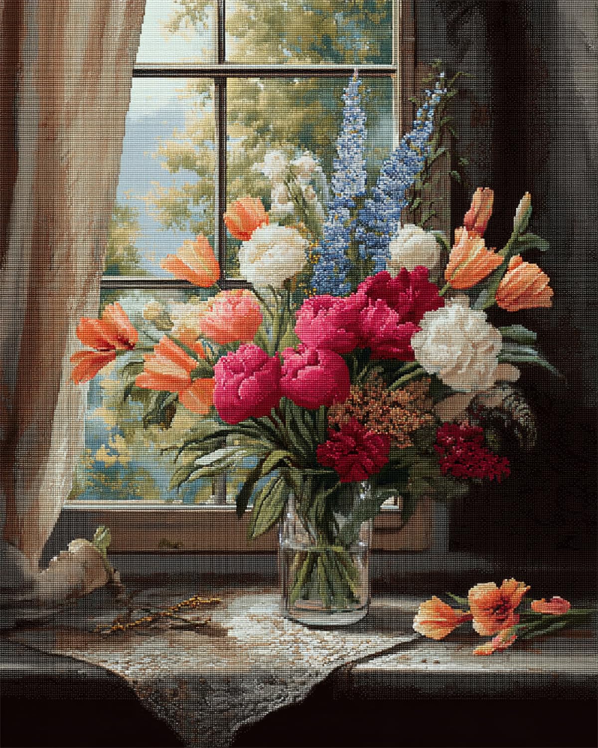 LFYNIORS DIY Perlenstickerei Set Bunte Blumen In Einer Vase Nadelstich-Set Mit Perlen Und Kreuzstich-Set Mit Buntem Stickgarn Und Perlen 40x50cm