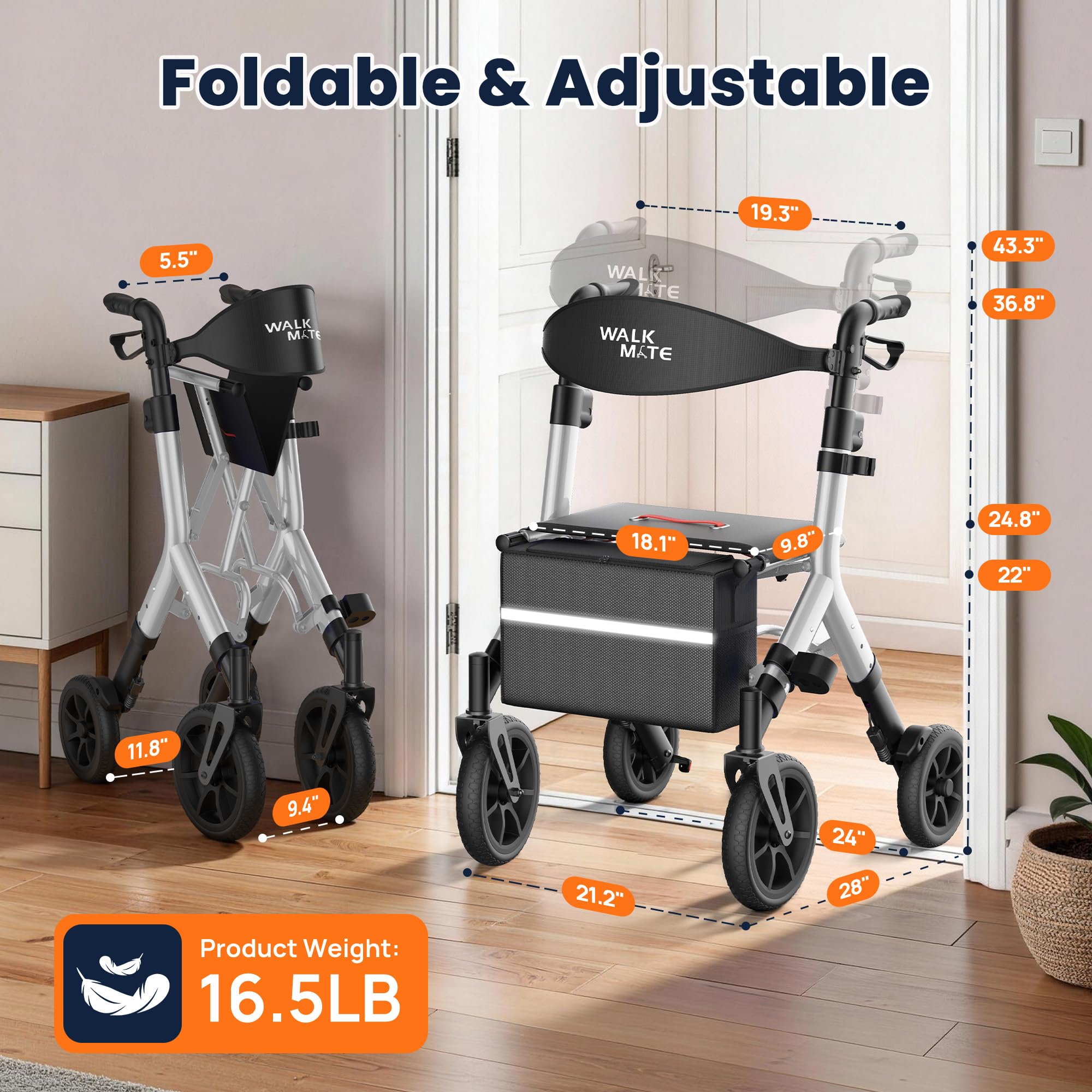 WALK MATE Andador con ruedas para ancianos de 1,5 a 2,8 m con asiento ajustable en altura, ruedas de 25,4 cm, andadores ocultos con alambre, diseño plegable compacto, ayuda para cami