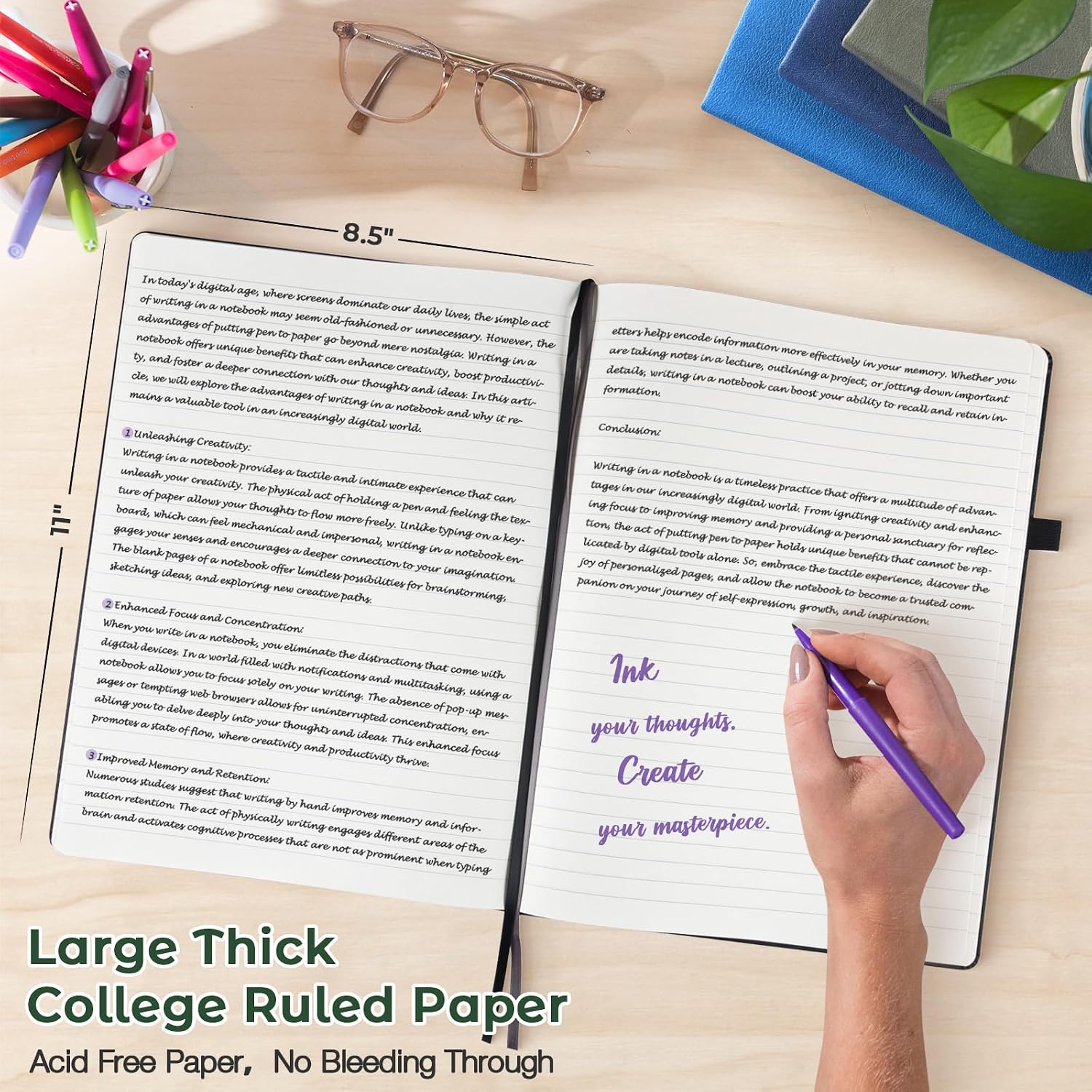 College Ruled Notebook, A4 Hardcover Leather Notebook for Work, Thick Paper image 2
