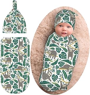 Cute Sloth Newborn Baby Swaddle Blanket Baby Receiving Blankets Baby Stuff Soft and Stretchy Wrap Baby Swaddle Sack for Infant Boy Girl Gifts with Beanie Hat Sets