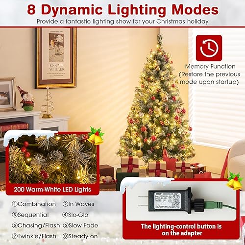 Miniatura 2 de Goplus Árbol de Navidad preiluminado de 6.5 pies, árbol de Navidad artificial con bisagras con 420 luces LED de color blanco cálido, 8 modos de