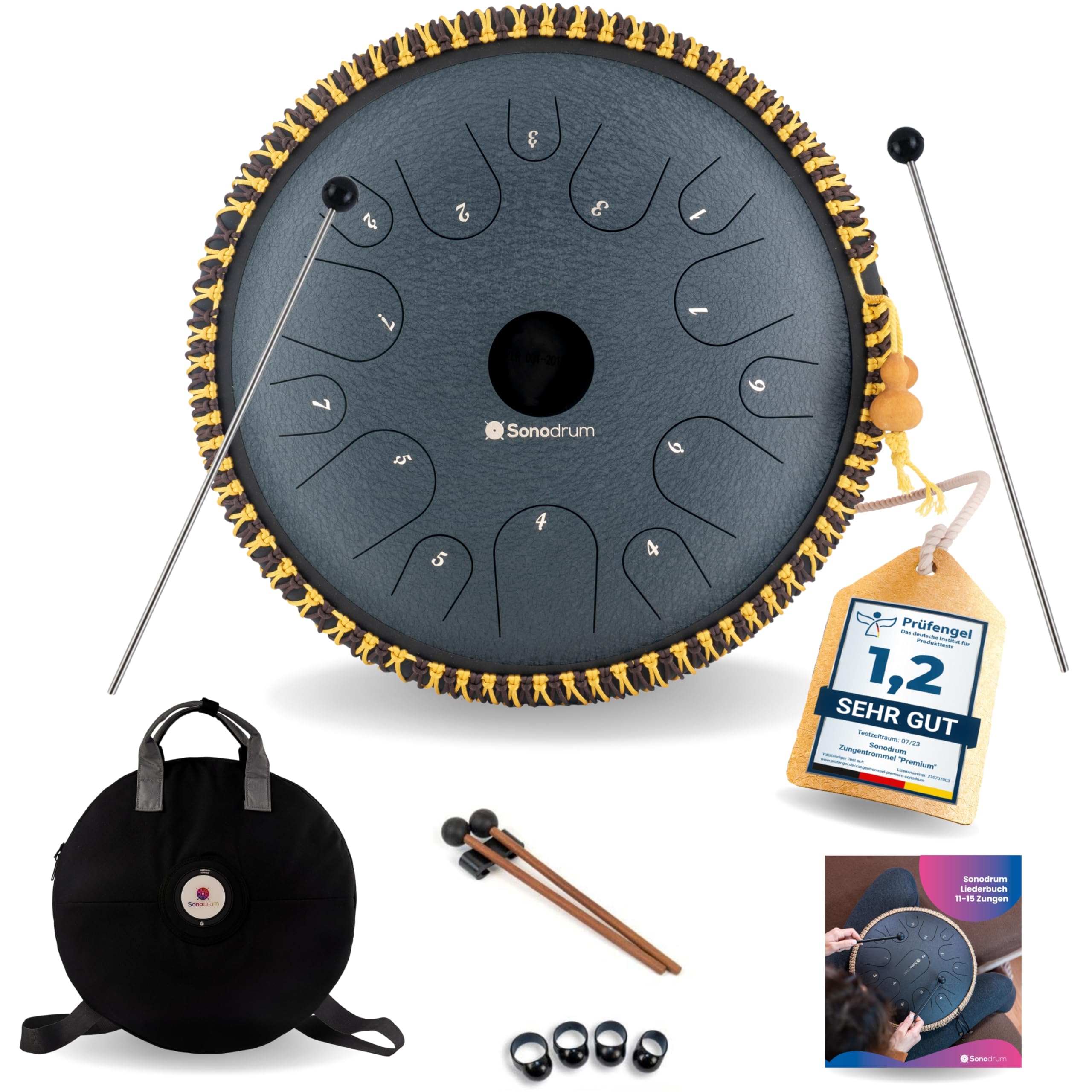 Zungentrommel "Exclusive" C-Dur in Dunkelblau - 38 cm groß mit 14 Tönen. Steel Tongue Drum inkl. Liederbuch, Schlägel, Fingersticks und Tragetasche. Notenlesen nicht nötig, einfach zu spielen