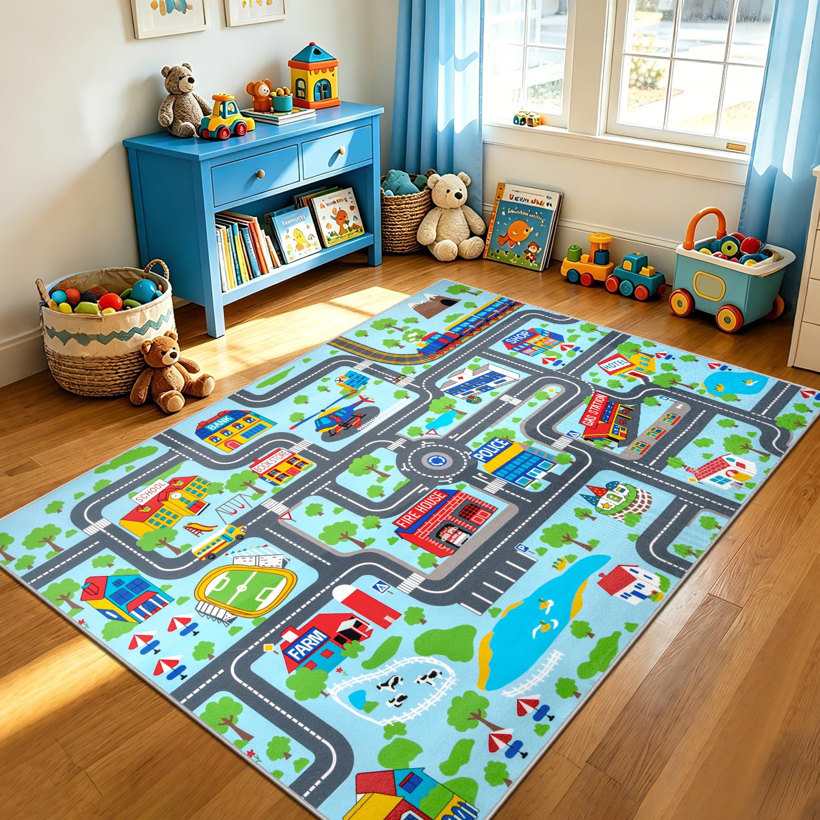 Capslpad Tappeto da gioco per bambini con città e strada, 150 x 200 cm, antiscivolo, lavabile in lavatrice, tappetino per esercizi, a pelo corto, per la stanza dei bambini, colore: blu pastello