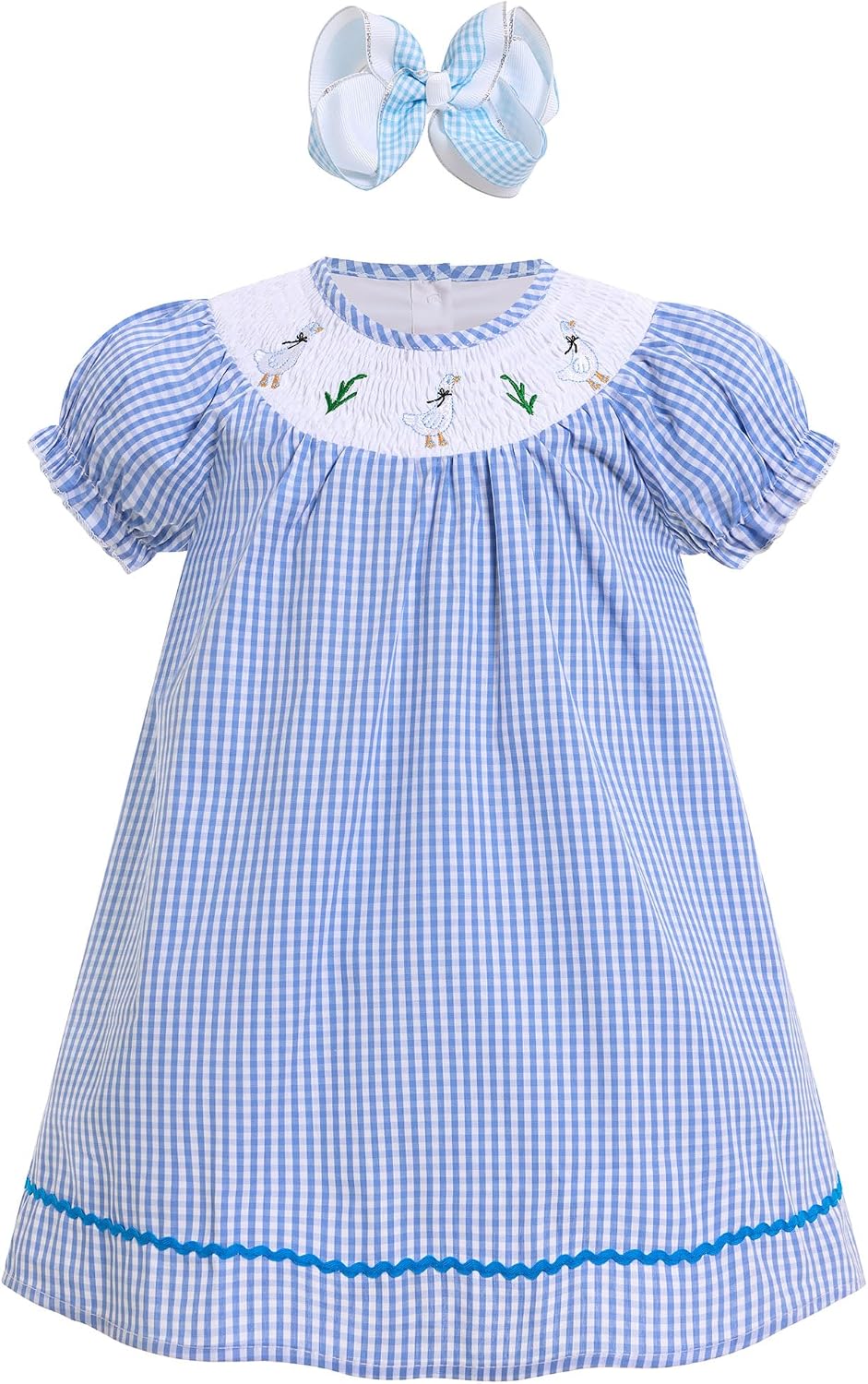 IMEKIS Toddler Kids Girls Easter Smocked Dress Short Sleeve Plaid Embroidered Bunny Goose Birthday Holiday Outfit 1-5T
