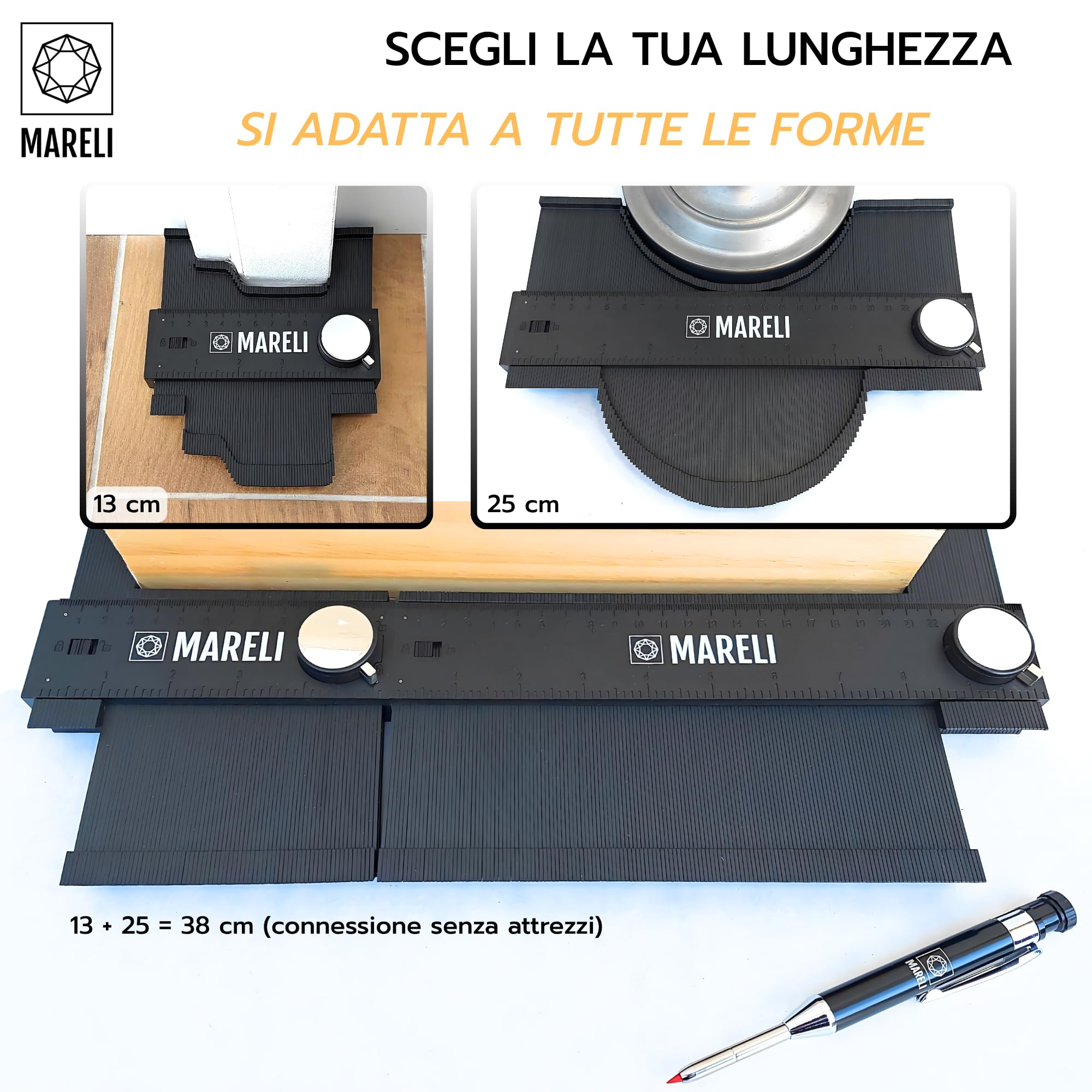 LINEA Replicatore di Contorno 13+25 cm collegabile all’infinito con blocco profilo – Kit con matita, mine, sacca e scatola – Per tracciatura e taglio legno, piastrelle, parquet – Idea regalo fai-da-te