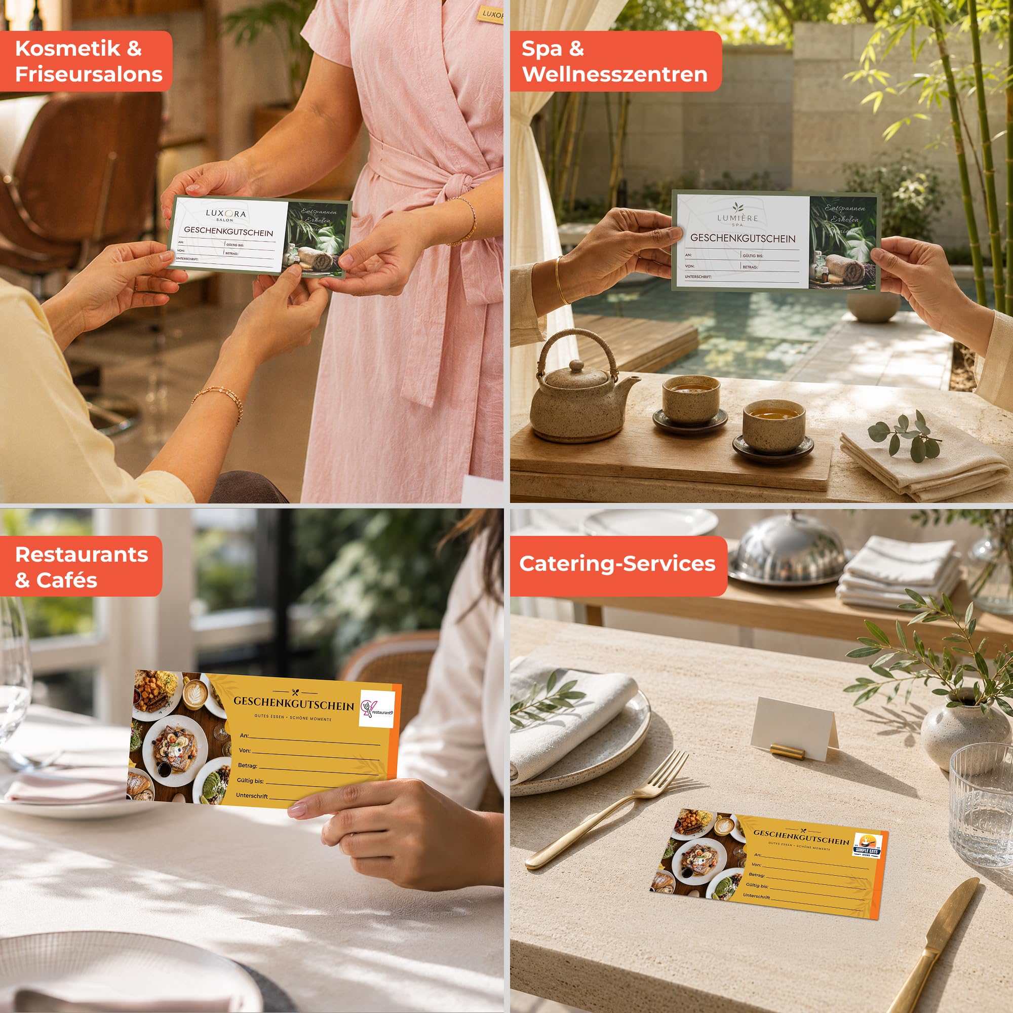 Personalisierte Beauty & Wellness Gutscheine, Logo oder Text, 500 Stück | Premium 300 g/m² matt gestrichenes Papier, 210 W × 95 H mm, Vorlage vorne, personalisierbare Rückseite, Kundenbindung