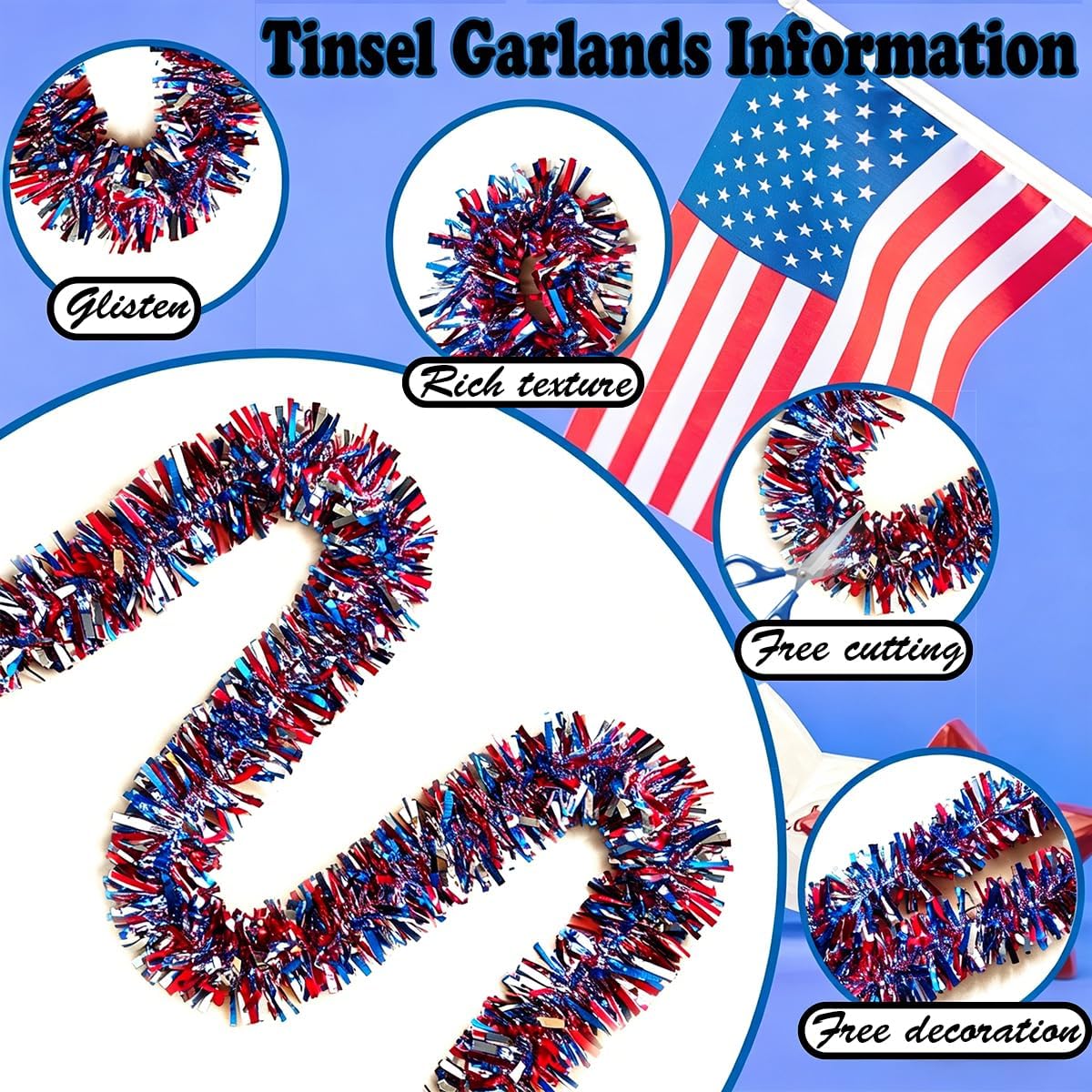 33 Ft 4th of July Garland Decorations Glitter Red White and Blue Tinsel Garland Tinsel Patriotic Decor for Independence Day Veterans Day Tree Car Parade Float Yard Door Indoor Outdoor Holiday Home