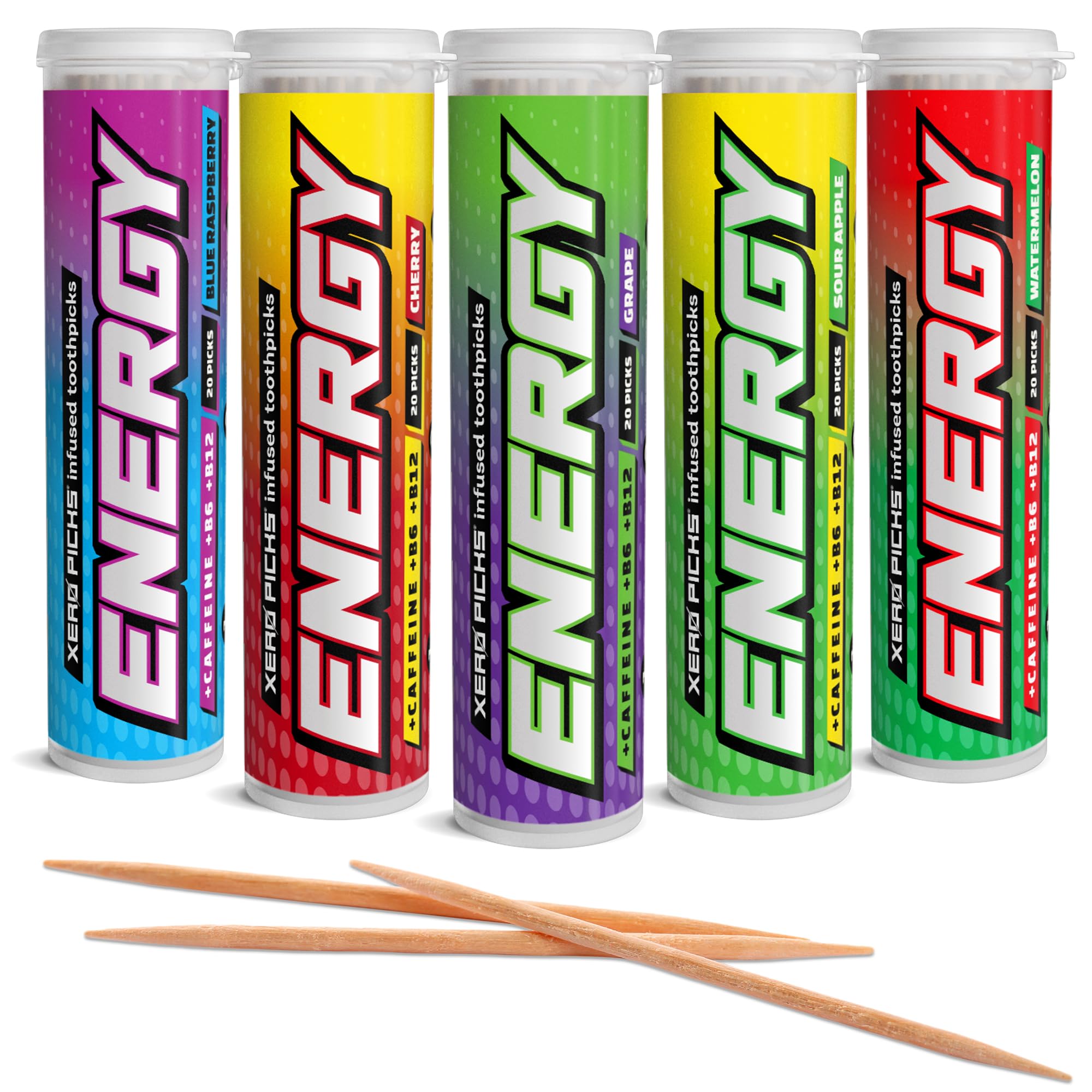 Xero Picks Energy Caffeine Flavored Toothpicks B12 for Focus & B6, 60 Picks (Pack of 5) (Variety Pack) Sugar-Free Alternative to Energy Mints & Gum - Kosher