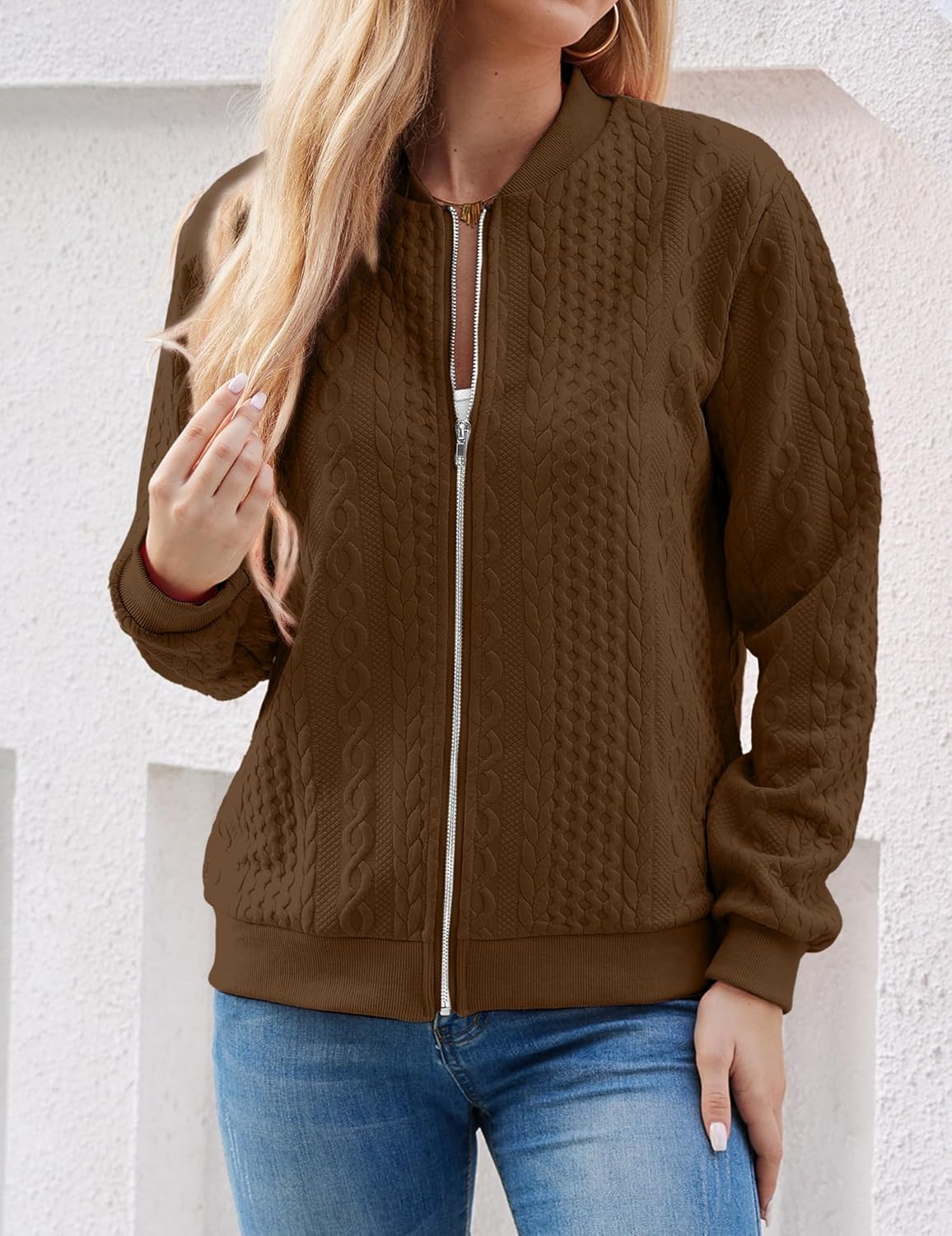 WROLEM Women's Zip Up Cardigan Sweater Cable Hoodies Long Sleeve Jacket Outfits Crewneck Casual Coat - Image 4