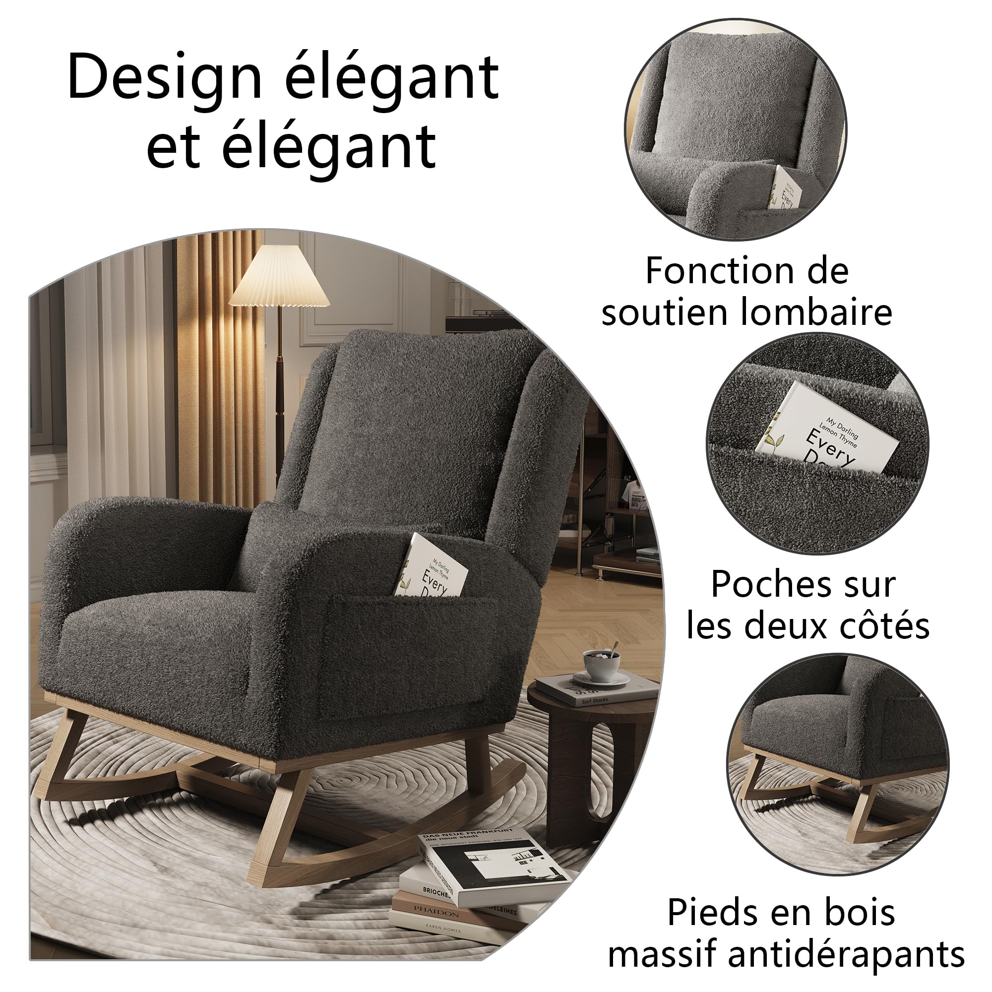 Silla Mecedora, Sillas Mecedoras de Salón, Silla de Lectura con Bolsillos de Almacenamiento en Ambos Lados, Silla Mecedora con Patas de Madera Maciza, 96x94x70cm, Terciopelo Teddy, Gris